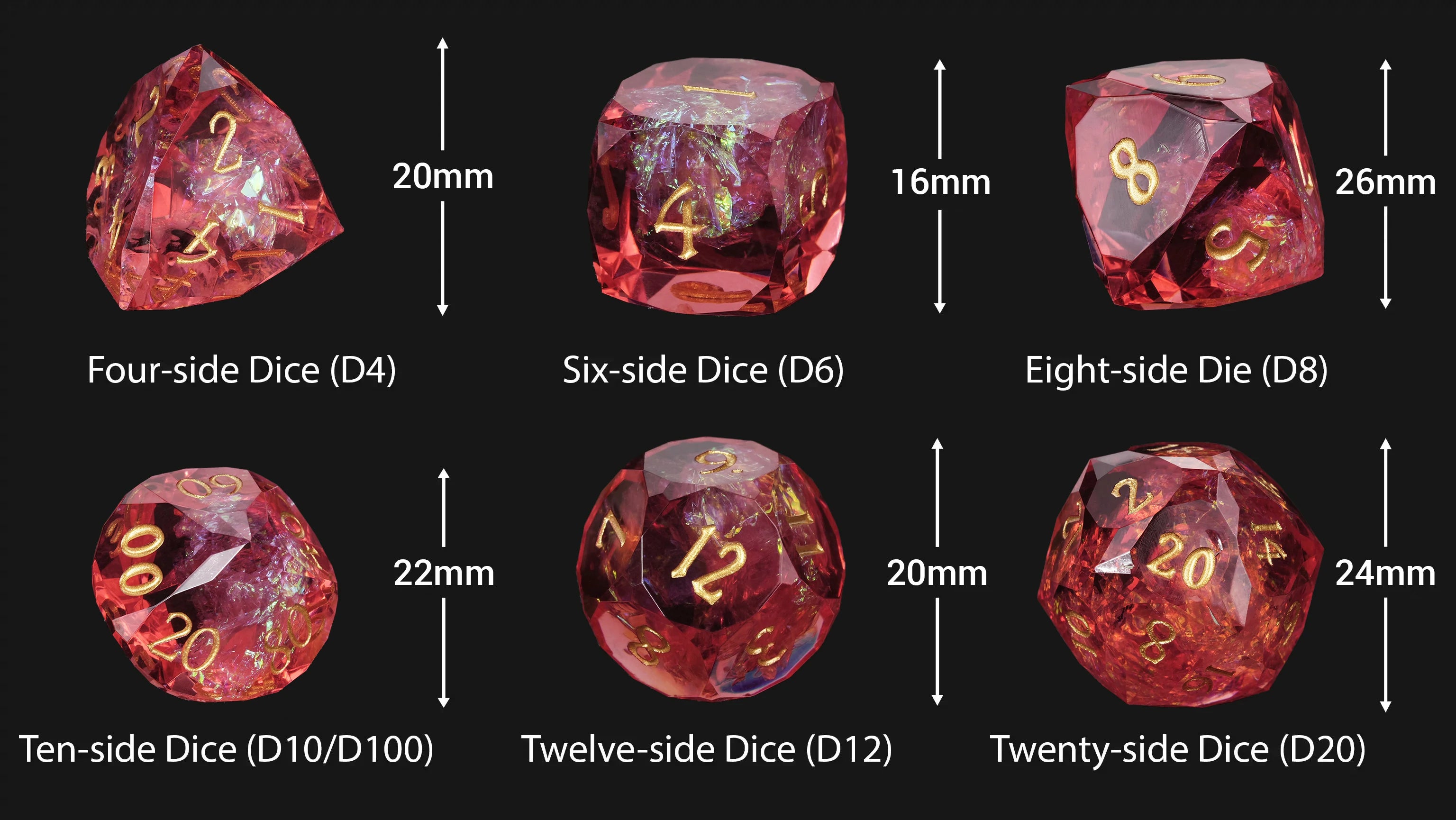 Red resin DND dice D12 close-up with gold numbering