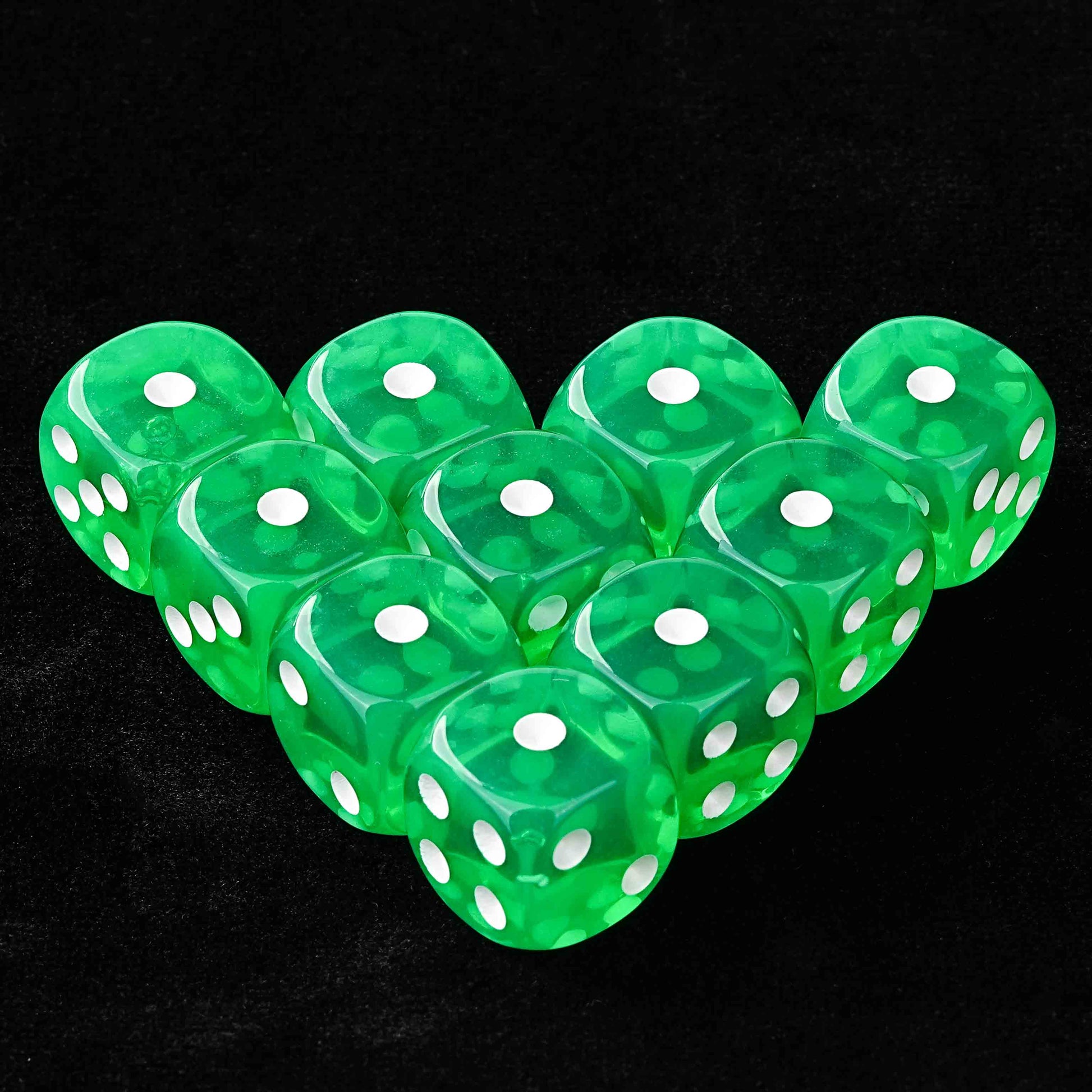 10 translucent green D6 dice with white dots | Bear Dice