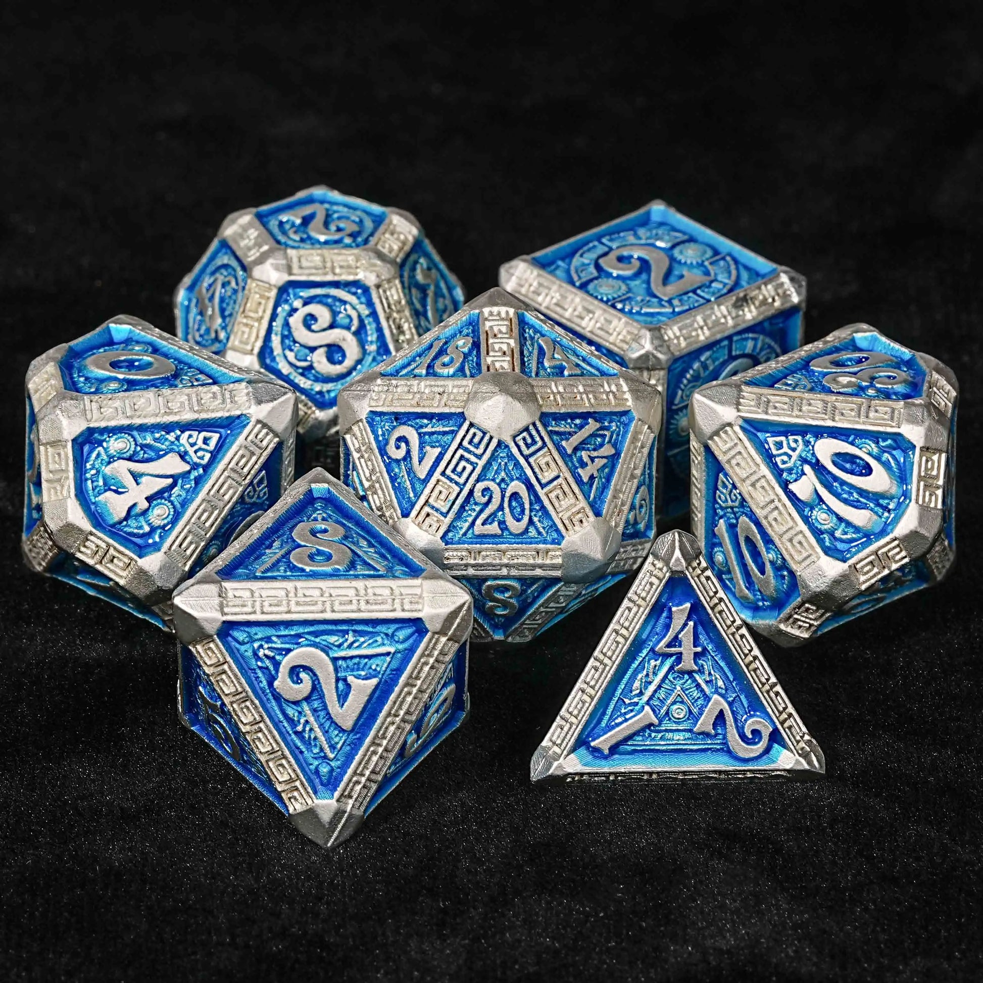 Silver and Blue Greek Refrain Metal DND Dice Set | Bear Dice