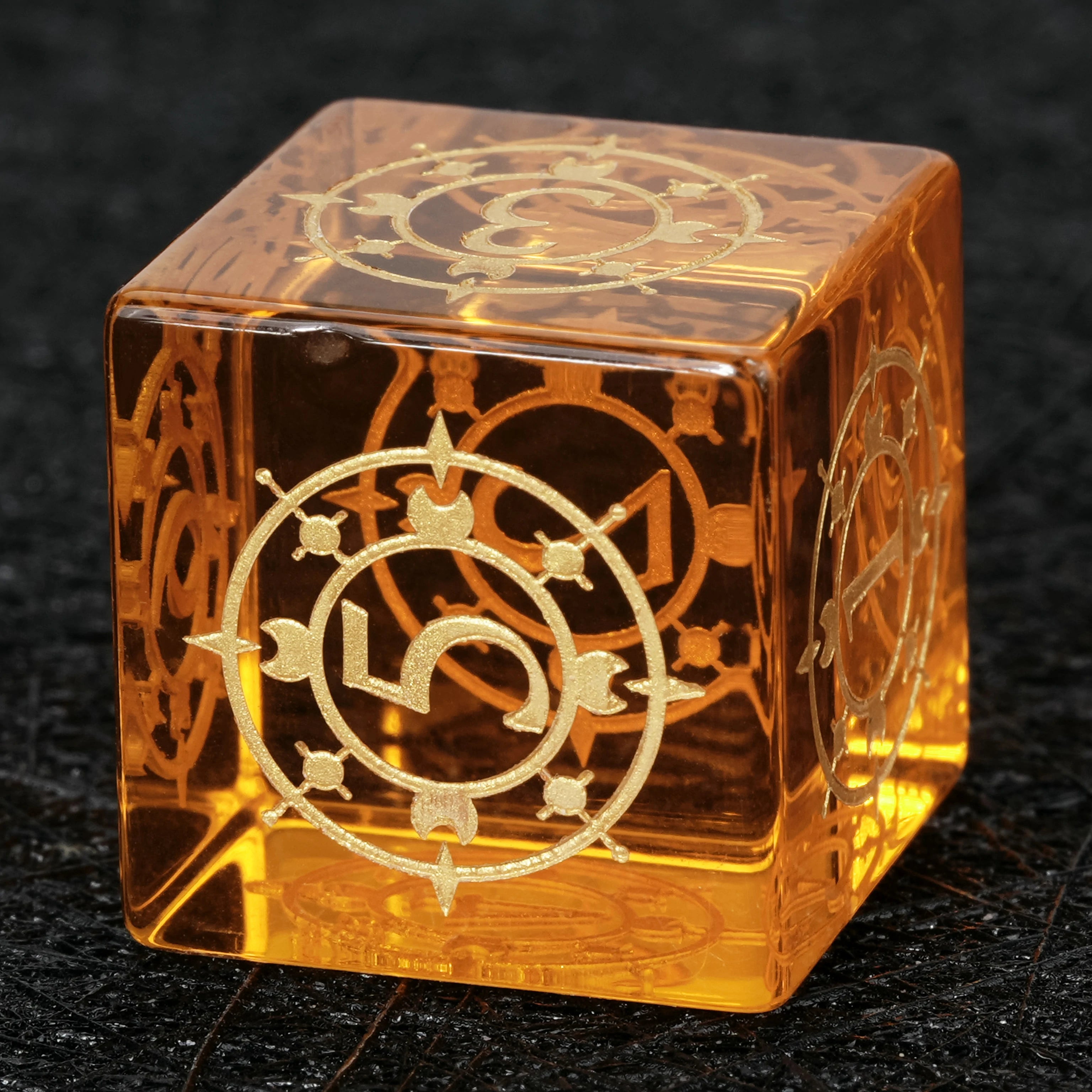 Orange Glass Dice Set with Gold Starburst Constellation Patterns
