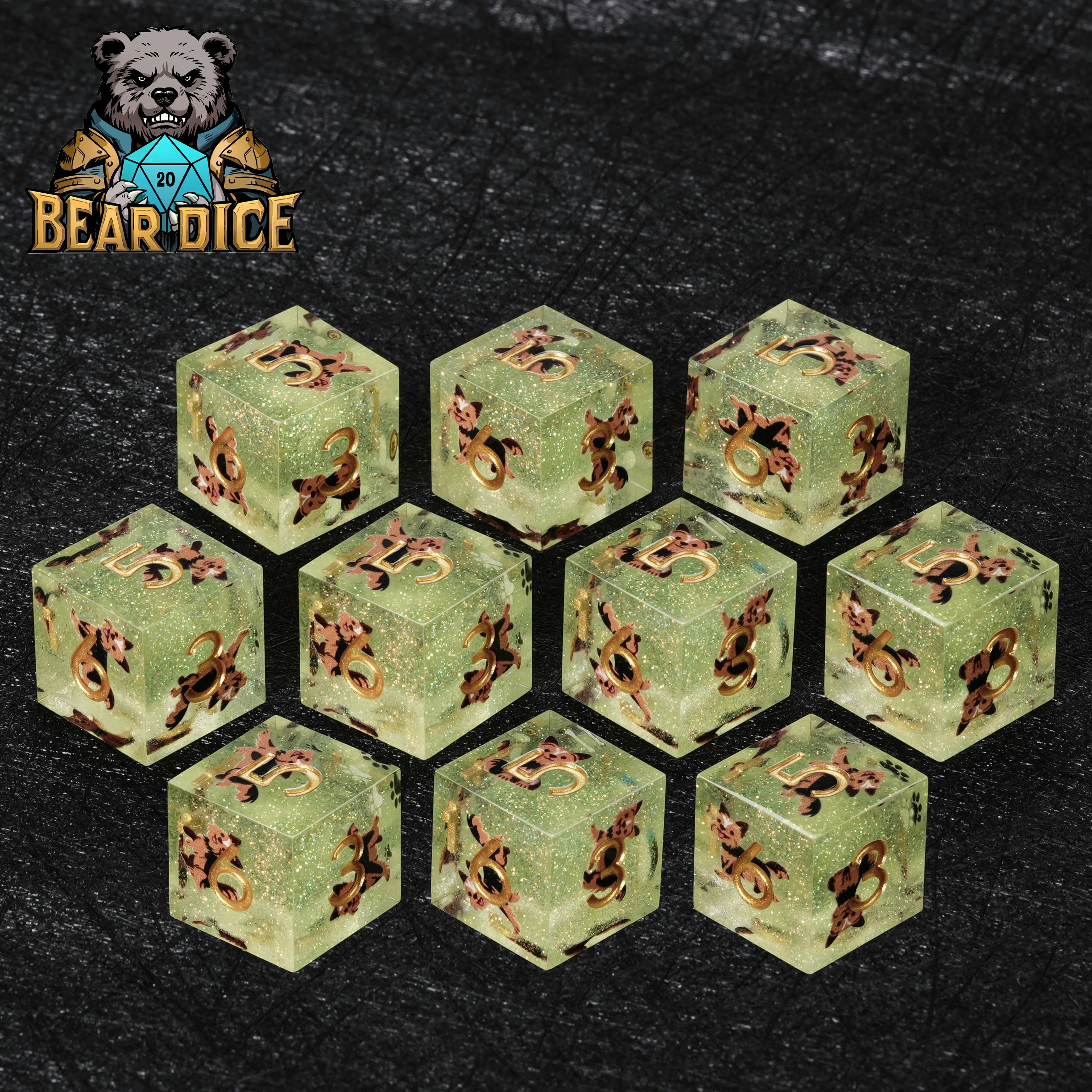 Yorkshire Terrier Green Glitter Resin DND D6 Dice