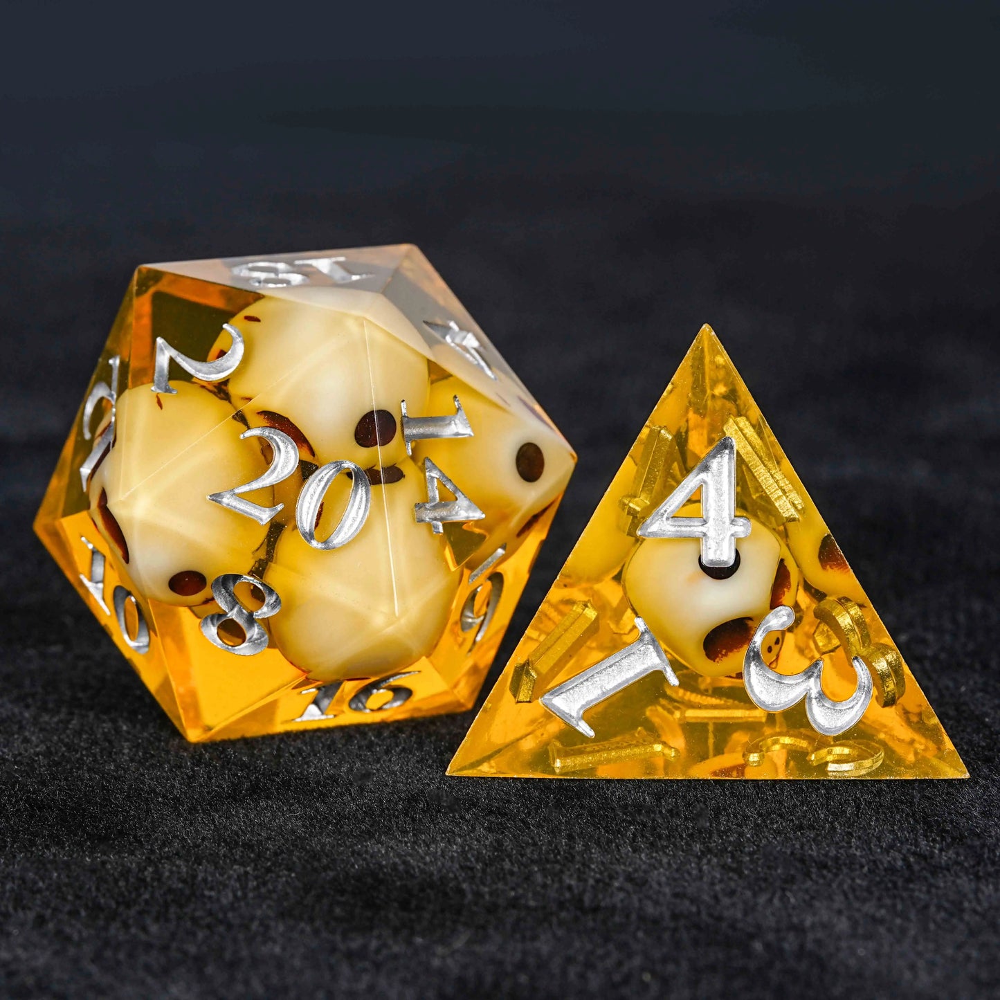 Orange Skull Core Resin dnd D20 Dice +d4 Dice + Silver Numbers | Bear Dice