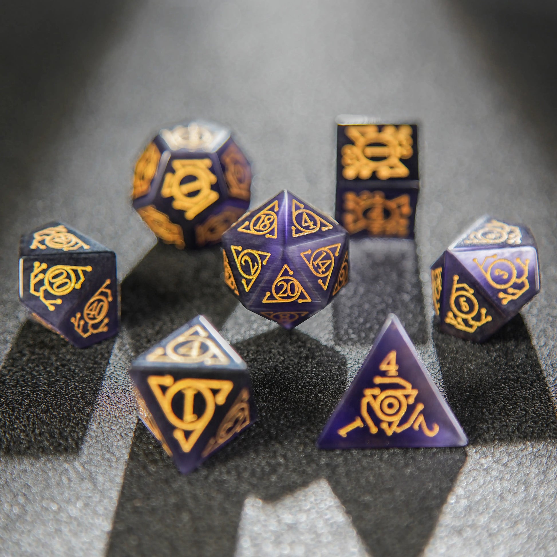 Purple Lapis Lazuli D&D Dice Set + Gold Rune Numbers | Bear Dice