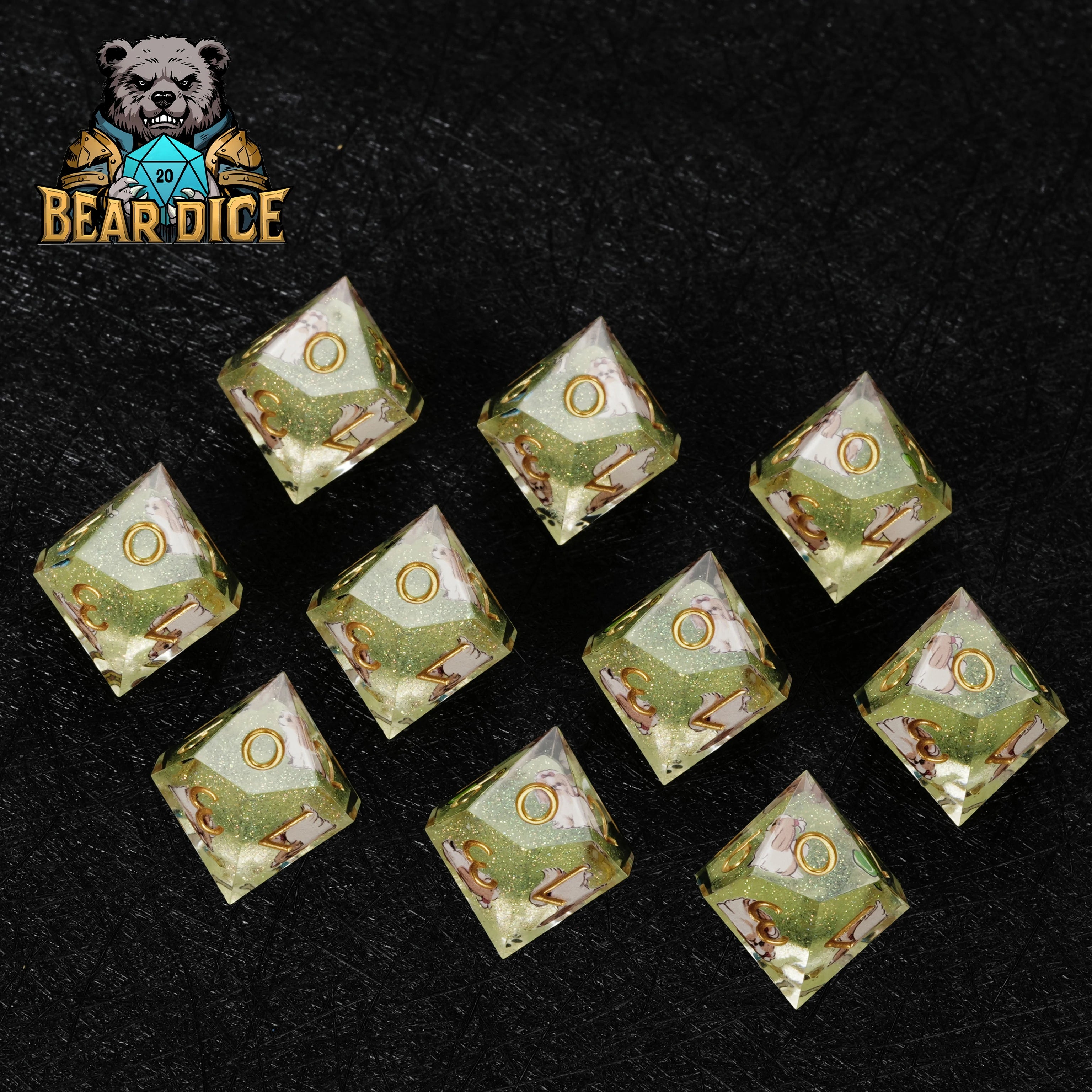 Green Glitter Resin Shih Tzu DND D10 Dice | Cute Dog RPG Dice