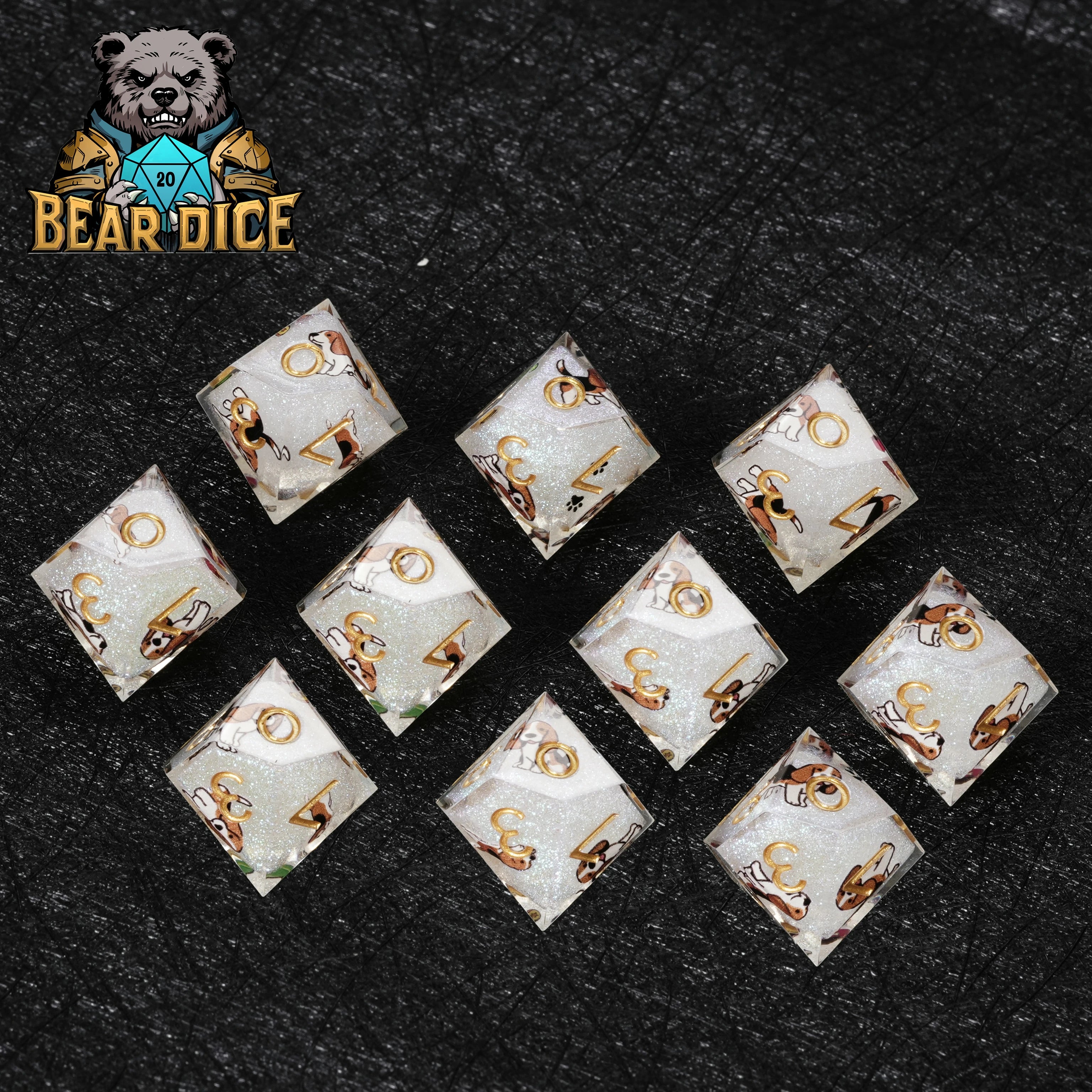 Beagle White Glitter Resin DND D10 Dice