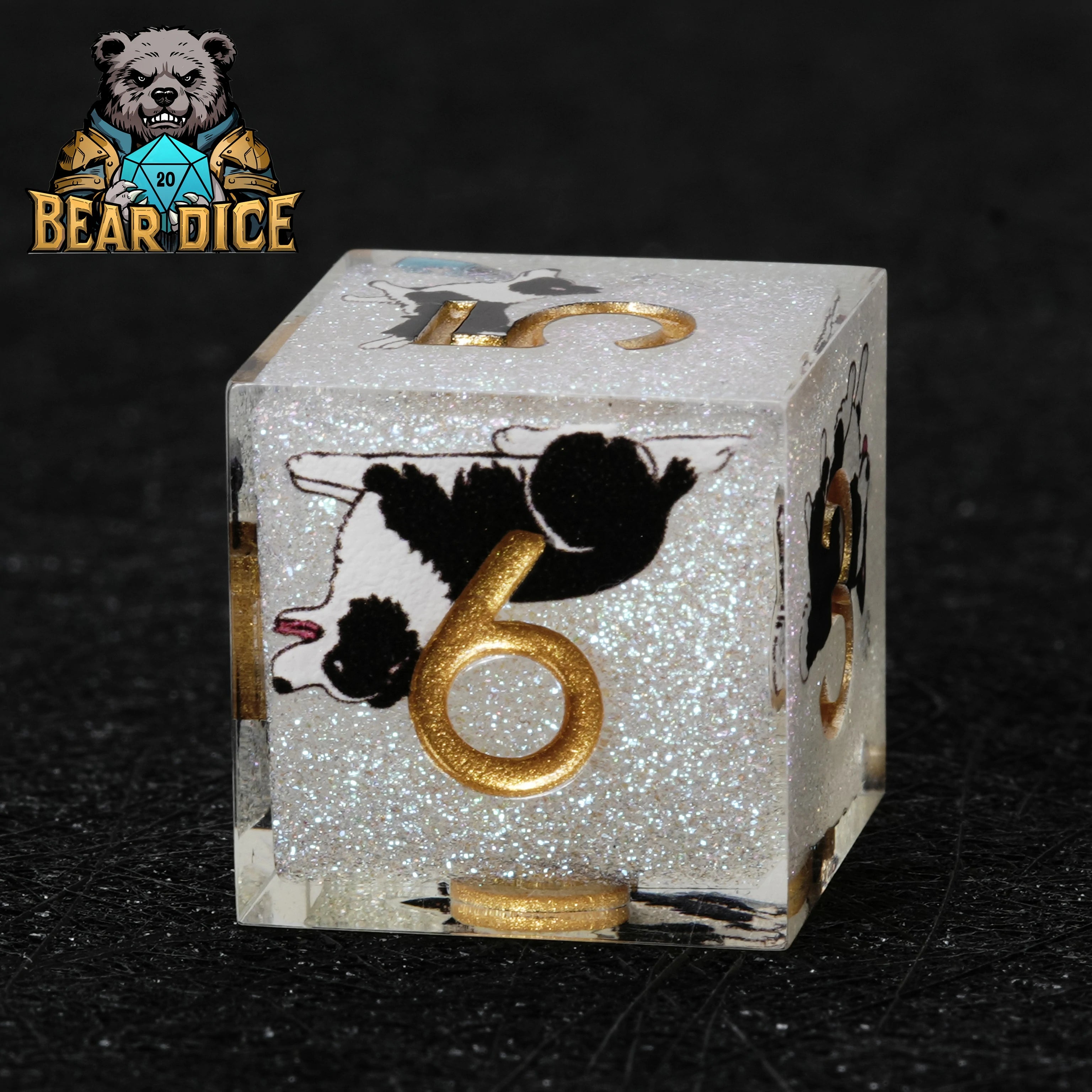 Border Collie White Glitter Resin D&D D6 Dice