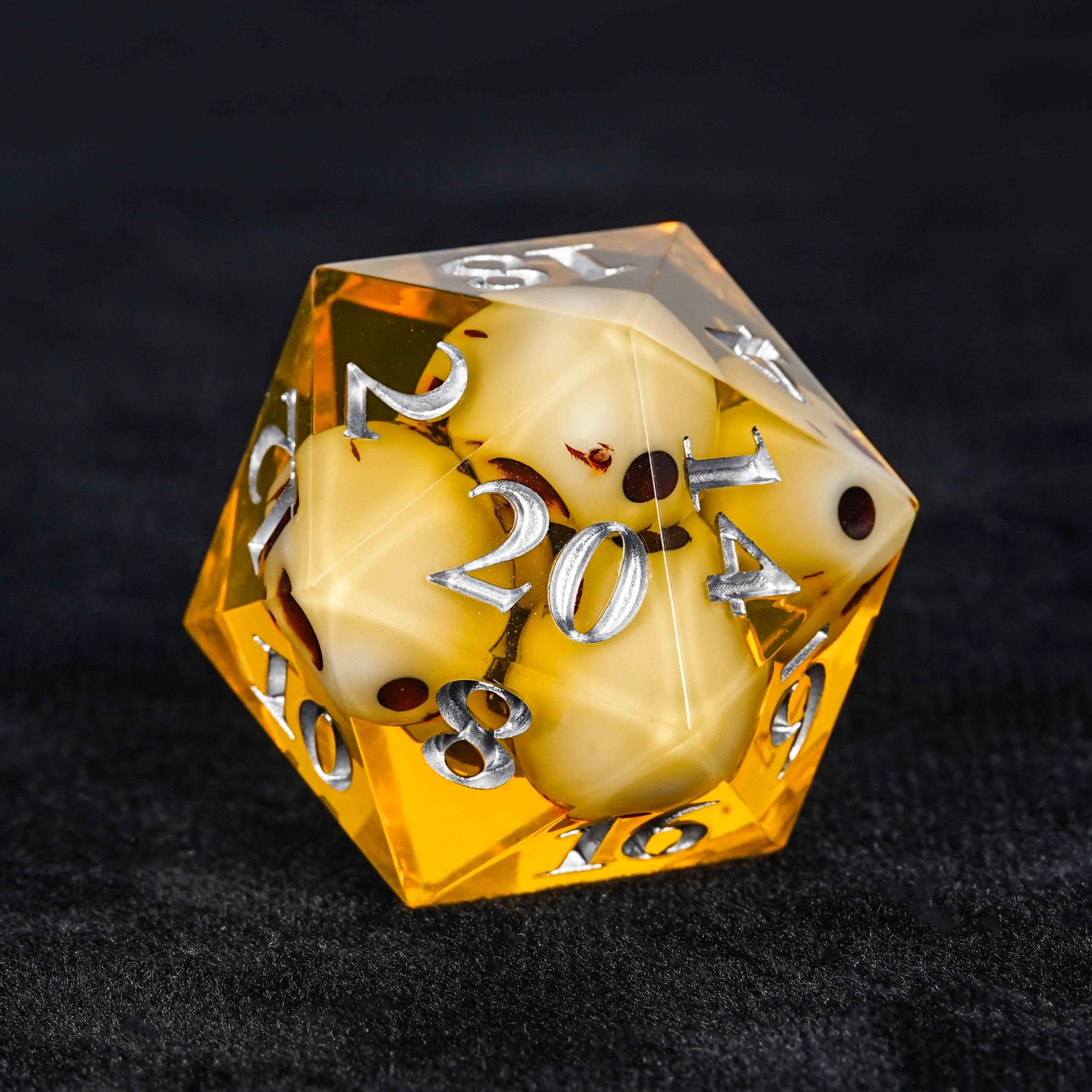 Orange Skull Core Resin dnd D20 Dice + Silver Numbers | Bear Dice