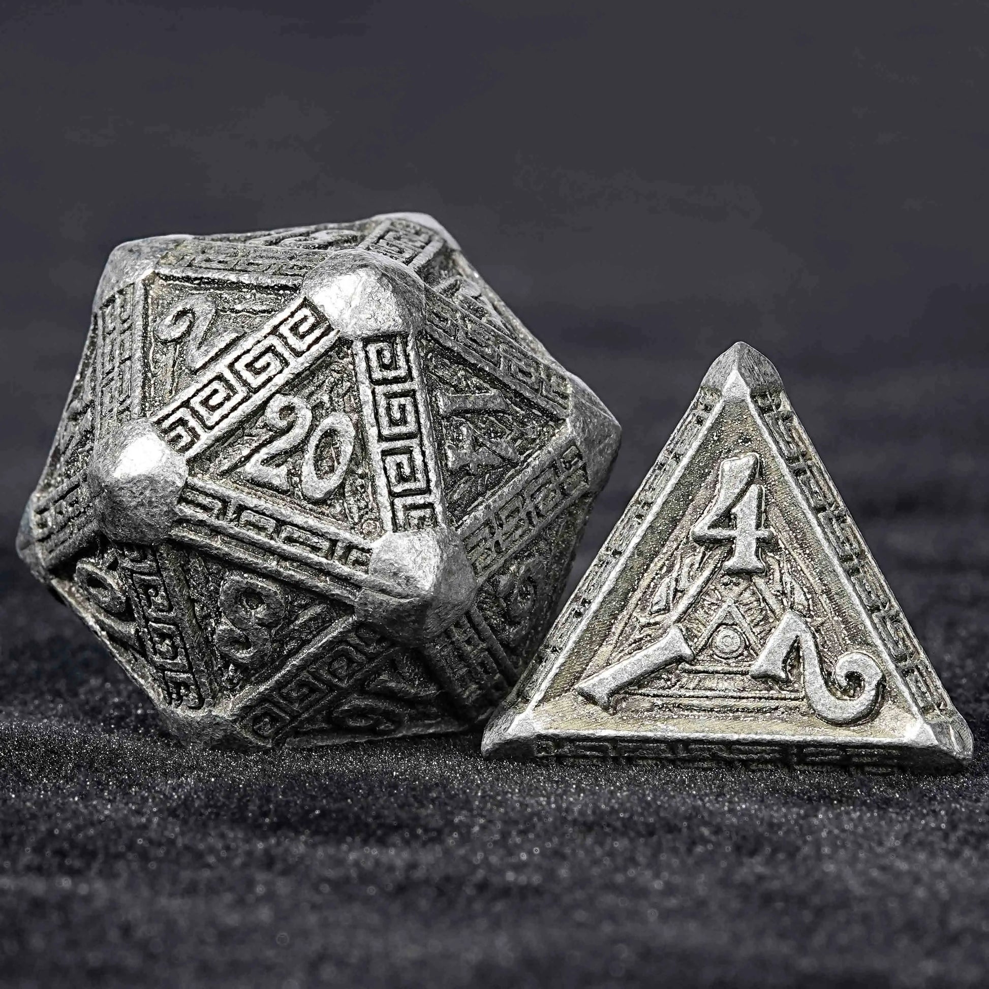 Ancient Greek Textured Metal DND D20 Dice + D4 dice | Bear Dice