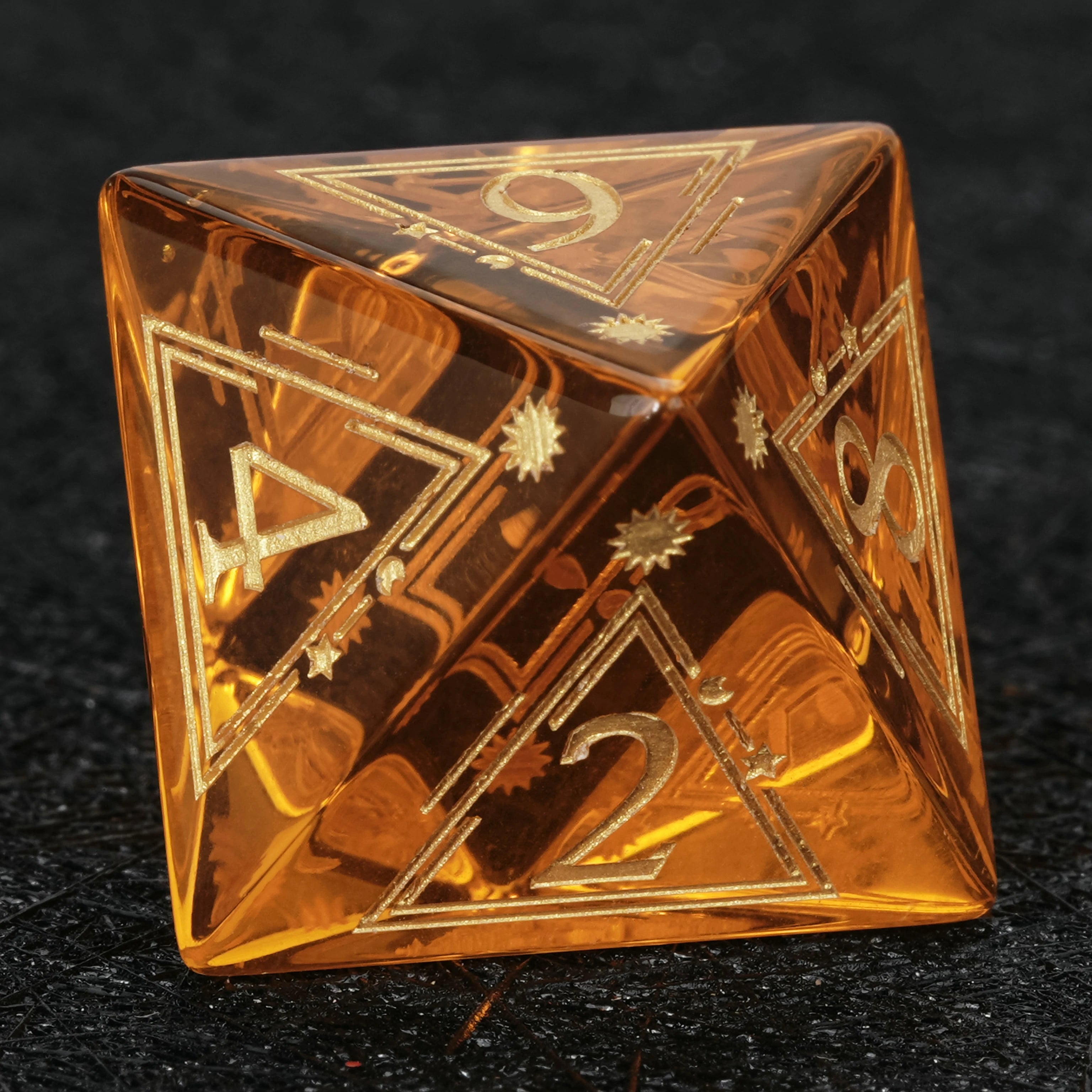 Orange Glass Dice Set with Gold Starburst Constellation Patterns