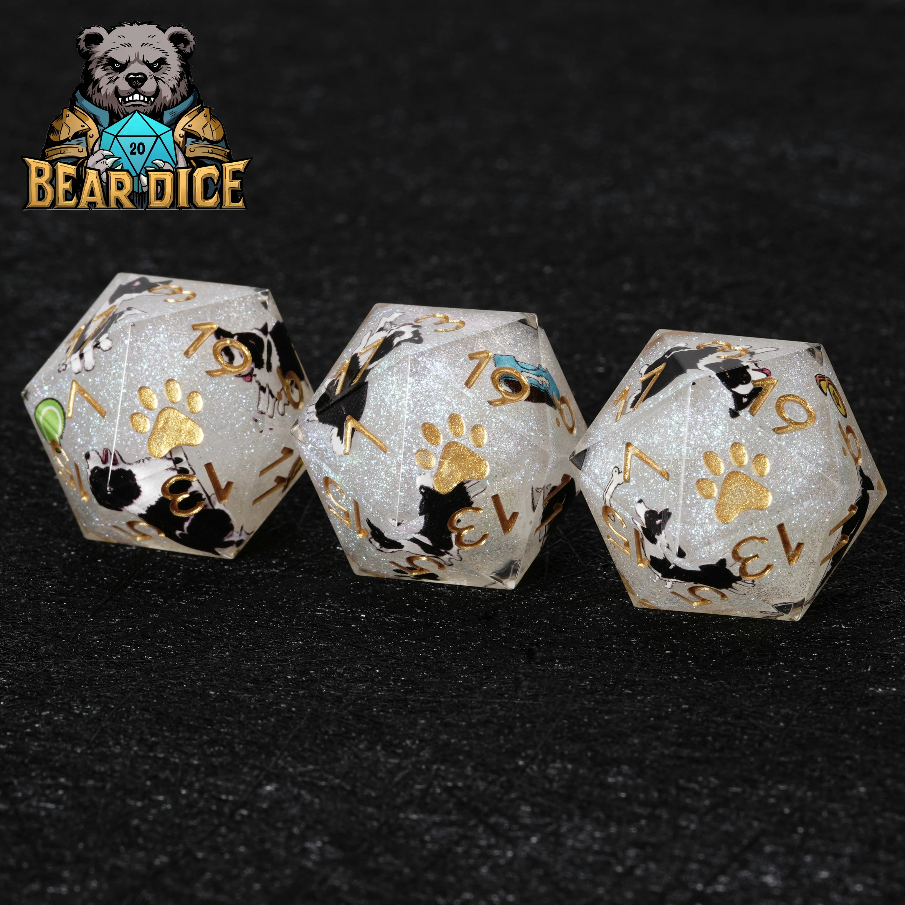 Border Collie White Glitter Resin D&D D20 Dice – Handcrafted RPG Die