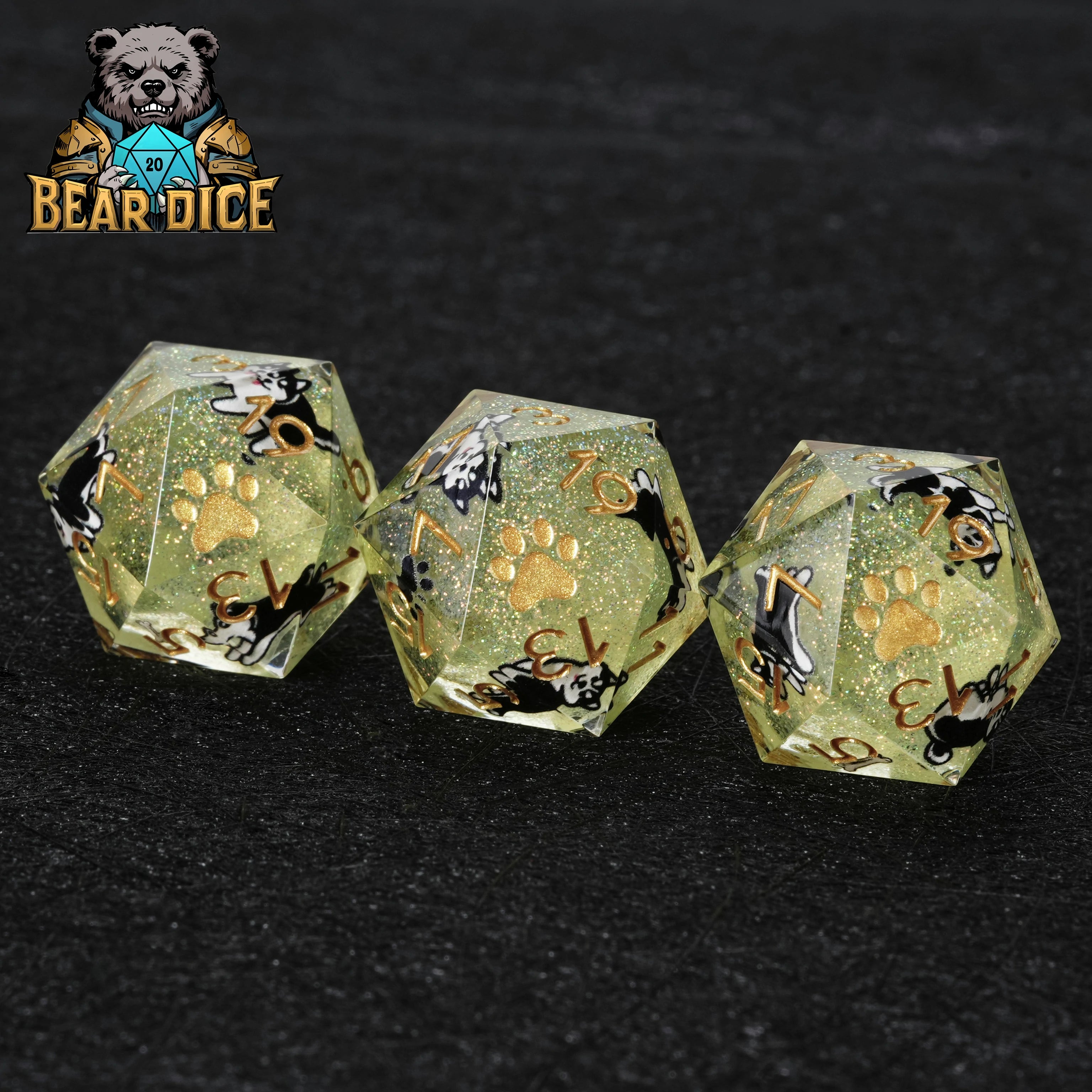 Husky Green Glitter Resin DND D20 Dice | Bear Dice