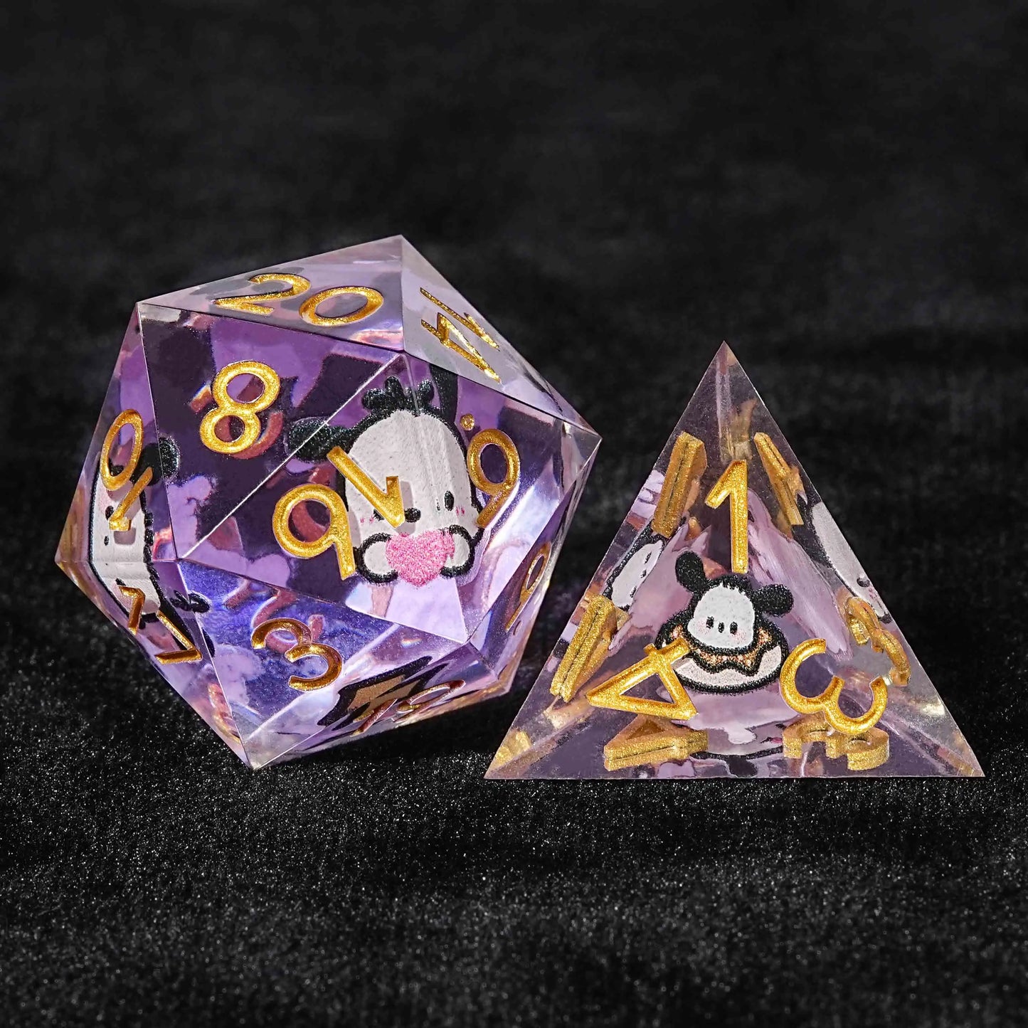 Purple Pacha Dog Resin DND D20 Dice + D4 Dice+ Gold Number | Bear Dice