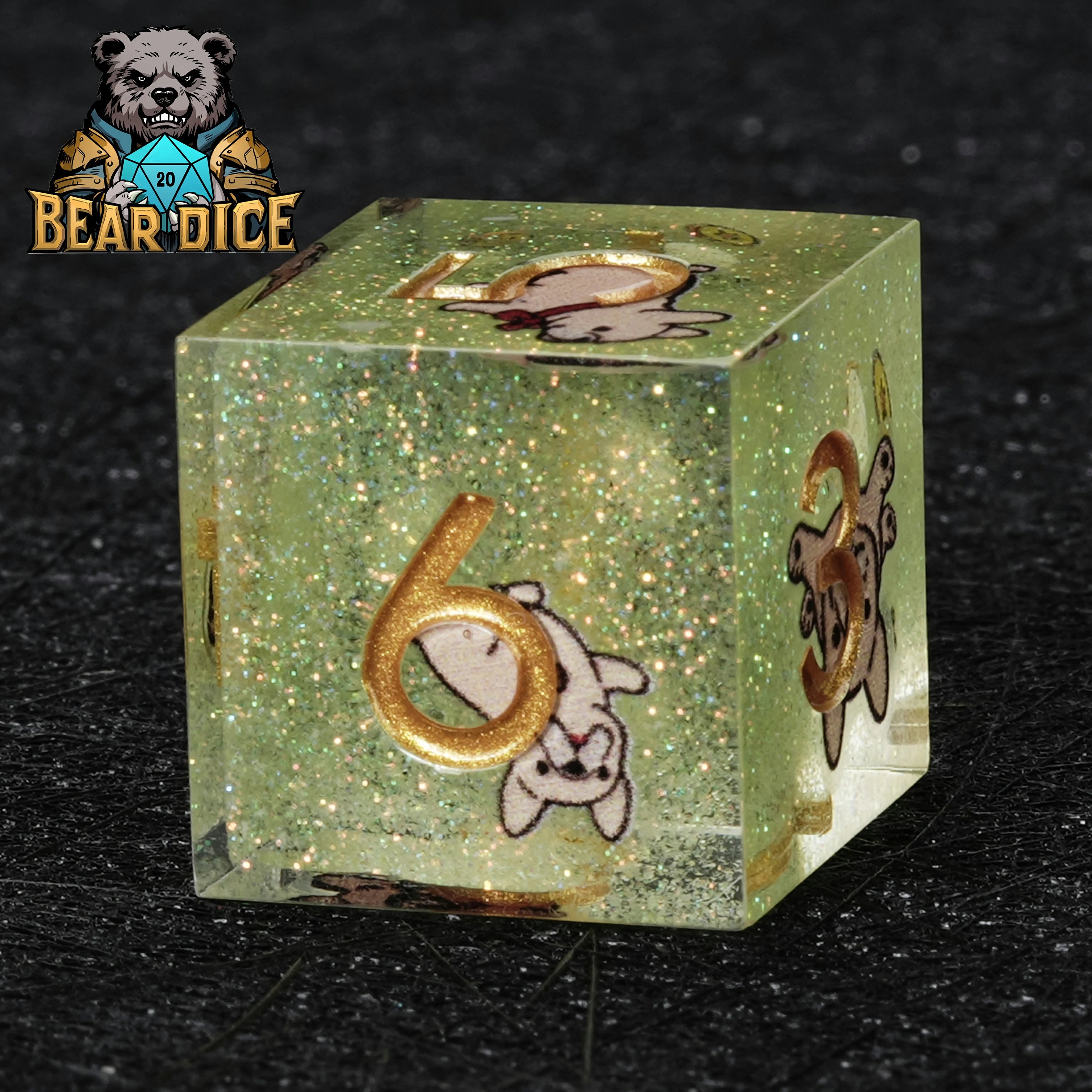 Bulldog Green Glitter Resin D&D D6 Dice | 6-Sided RPG Dice Set