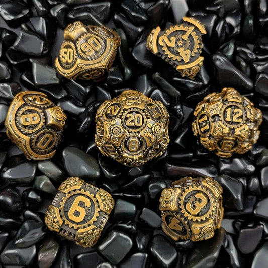 Steam Age - Brass-colored mechanical gear metal dice set | Bear Dice