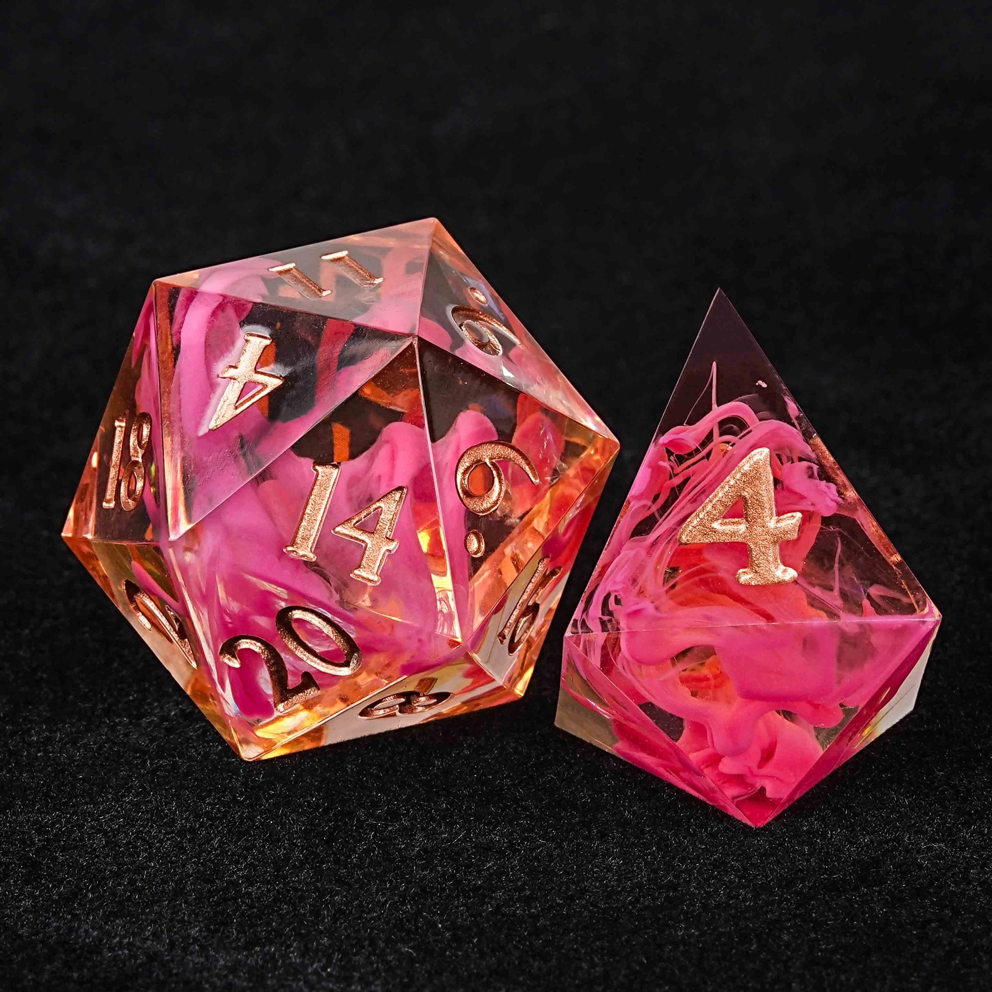 Pink Swirl Resin Love DND Dice Set + Gold Font - D20 dice、D4 dice | Bear Dice