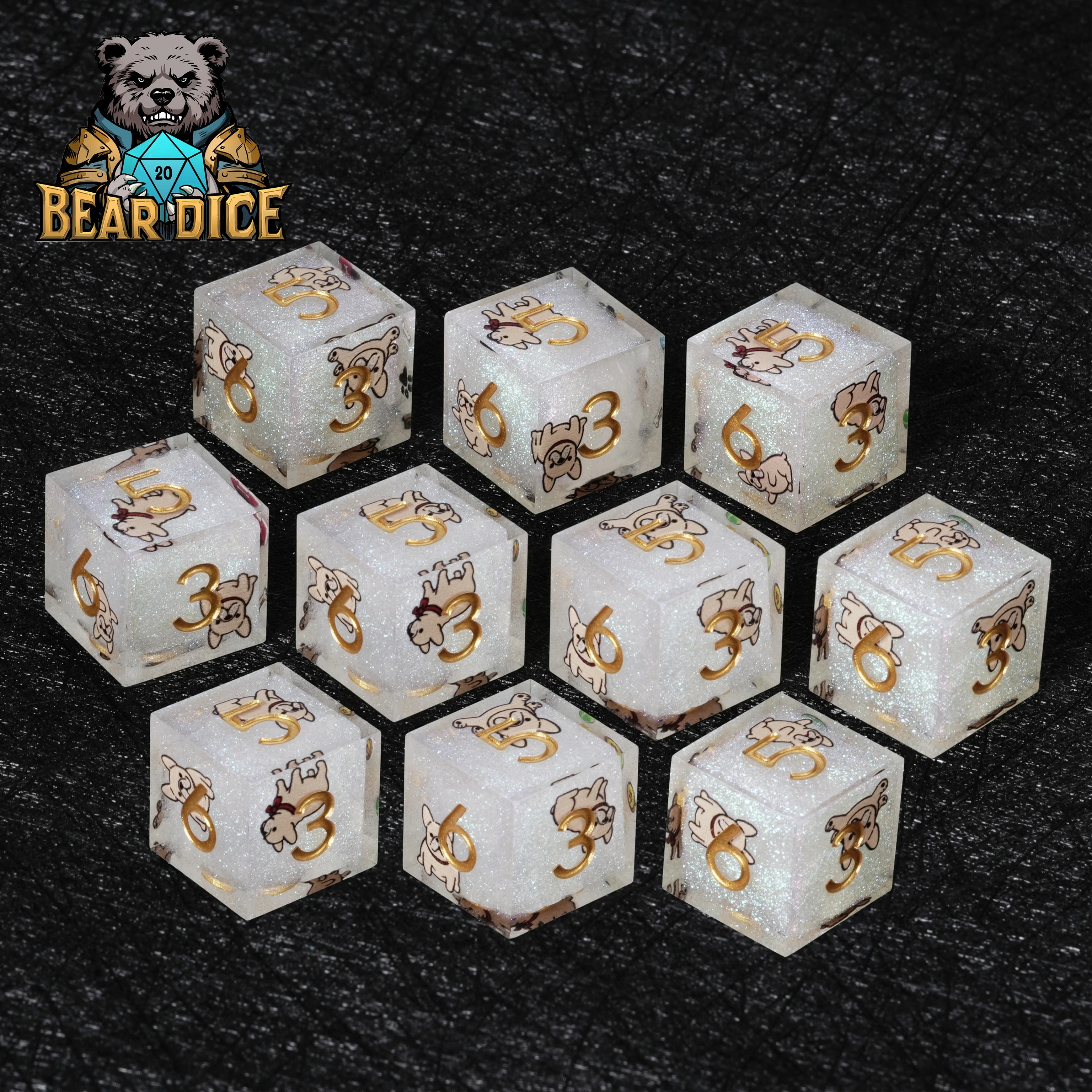 Bulldog White Glitter Resin D6 Dice Set for D&D & RPG Games