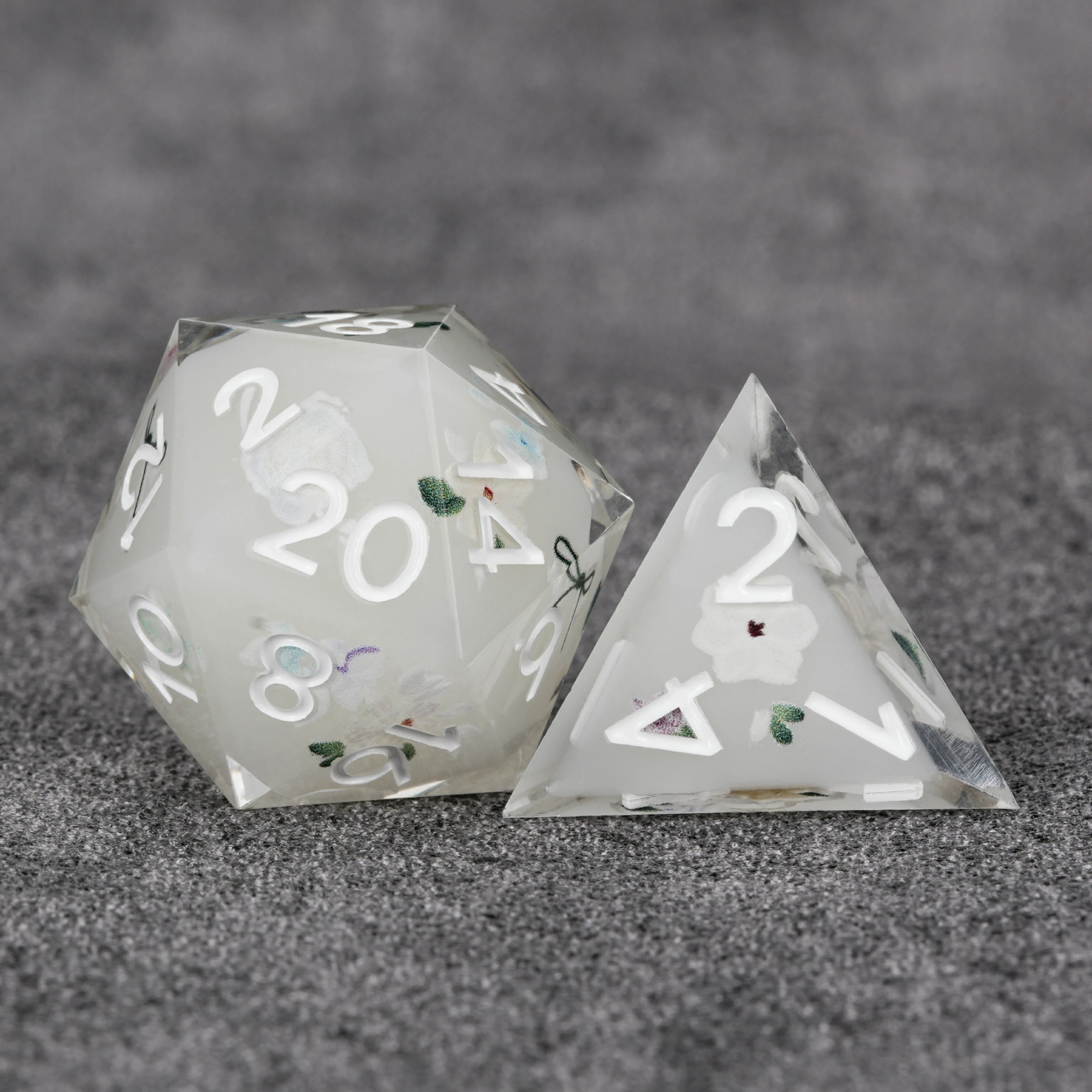 Off-White Resin DND Dice Set | Fresh Floral & Green Leaf Pattern