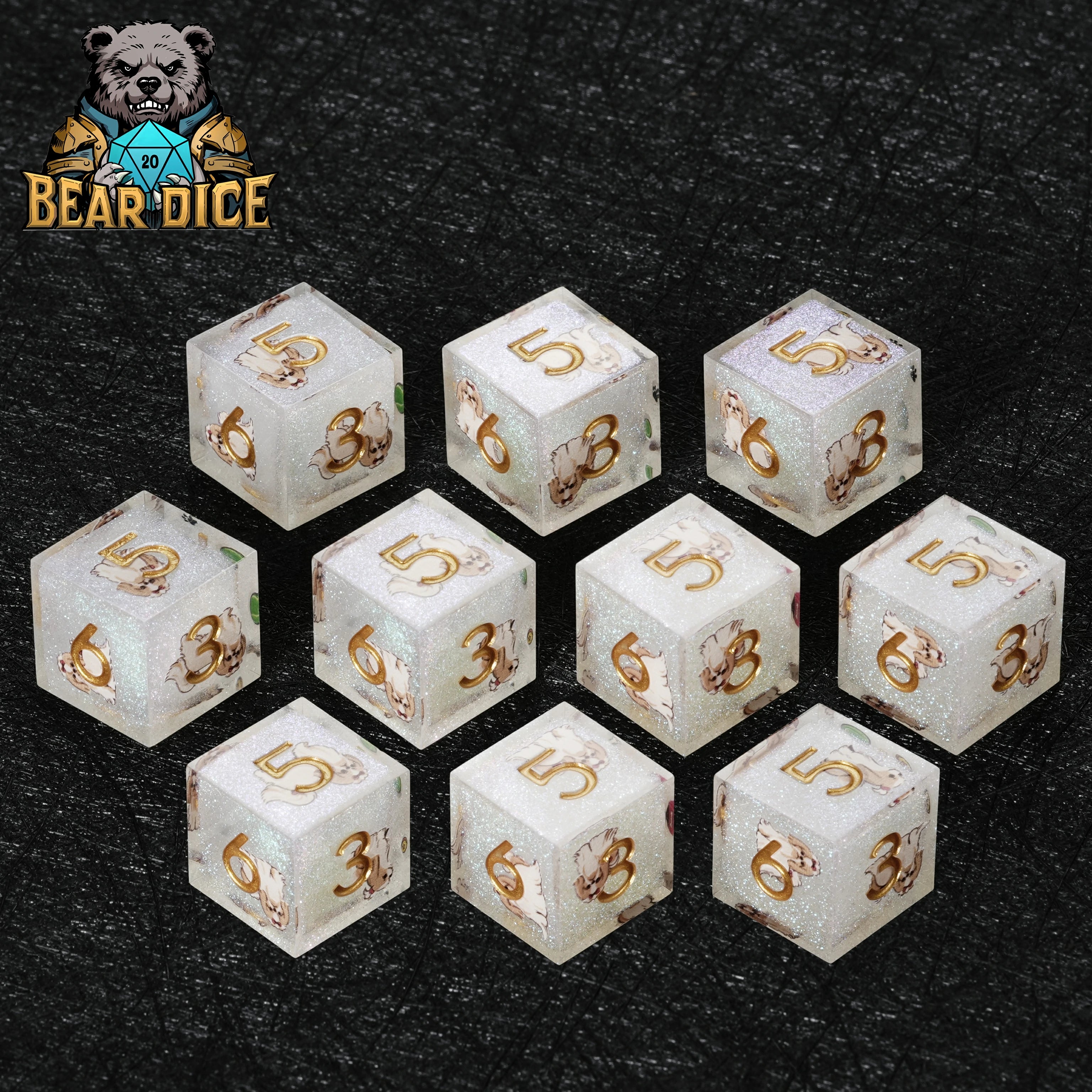 White Glitter Resin Shih Tzu DND D6 Dice Set – Cute RPG Dice for D&D & Tabletop Games