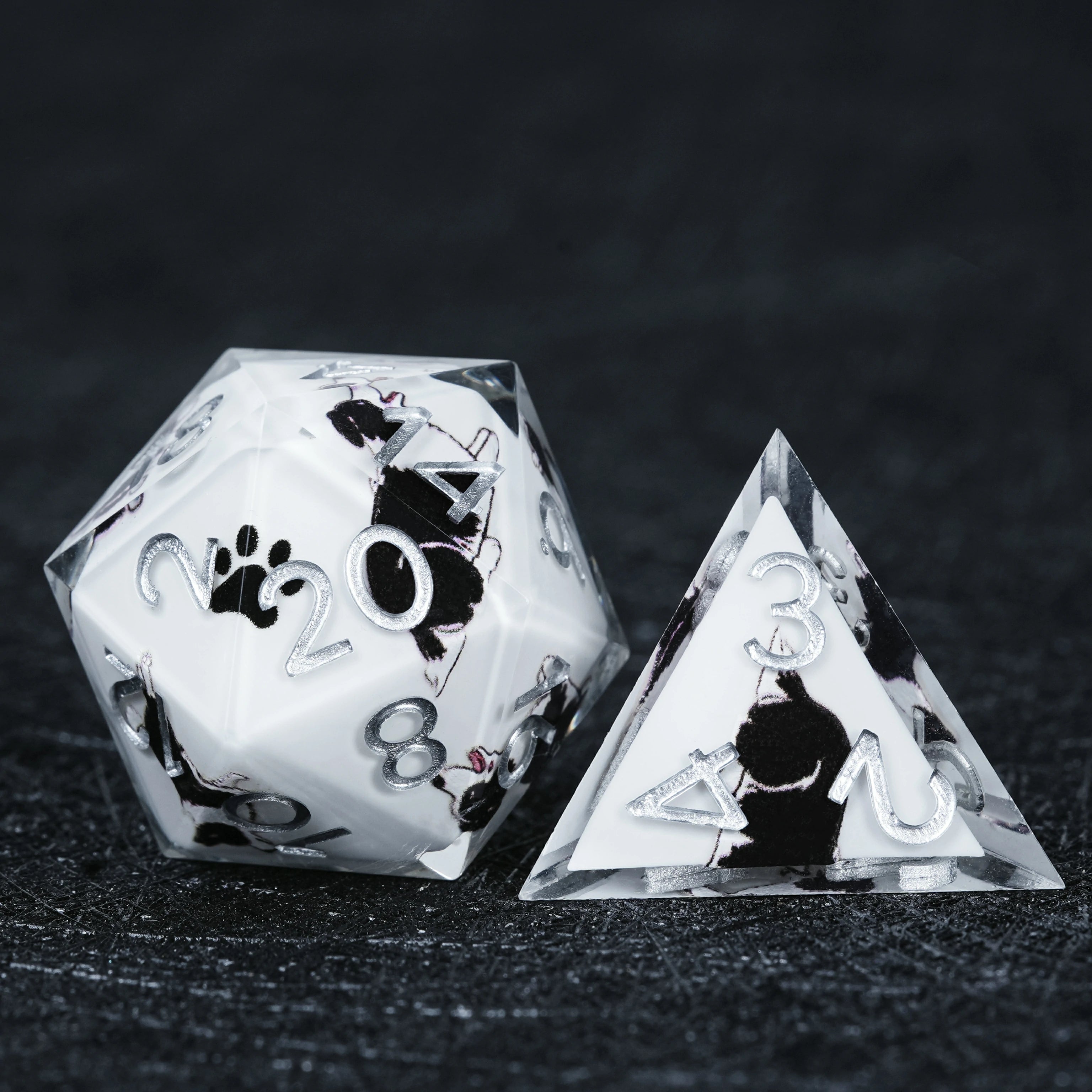 Border Collie White Resin Dice Set | Silver Numbers | D&D RPG Polyhedral Dice