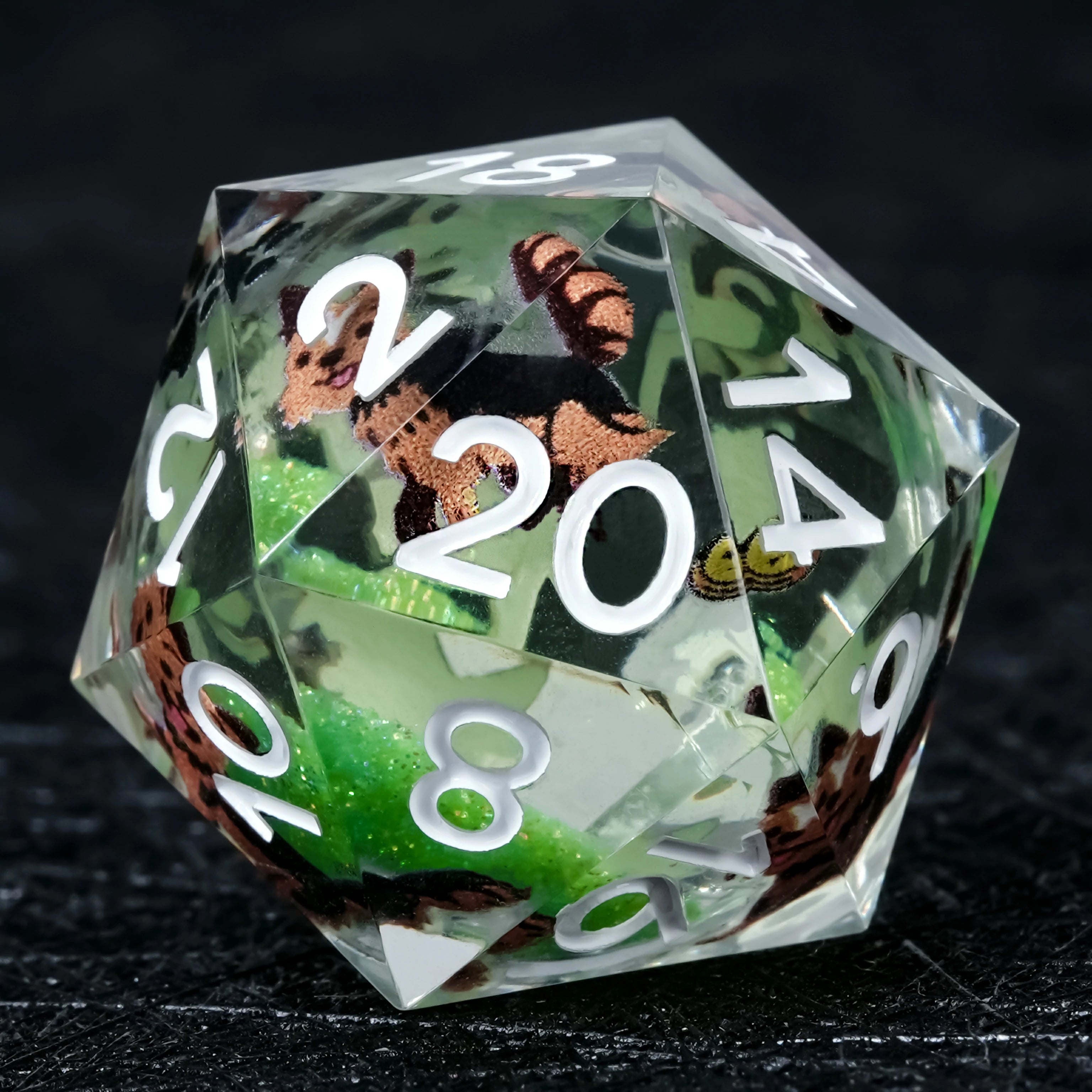 Yorkshire Terrier Green Liquid-Core Resin Dice Set | Yorkie DND Dice – White Numbers