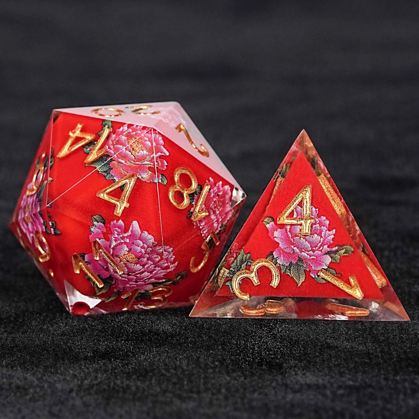 Red Peony Flower Resin DND D20 Dice + D4 Dice + Gold Number | Bear Dice