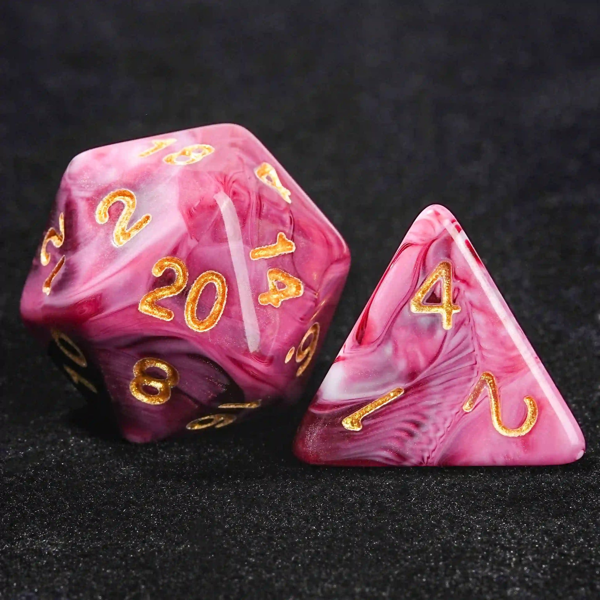 Pink marble texture acrylic DND D20 dice、D4 dice+ gold number | Bear Dice