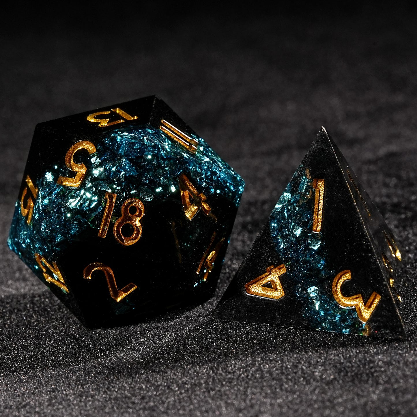 Blue Star River - Dark Resin DND D20 Dice + D4 Dice + Gold Font | Bear Dice