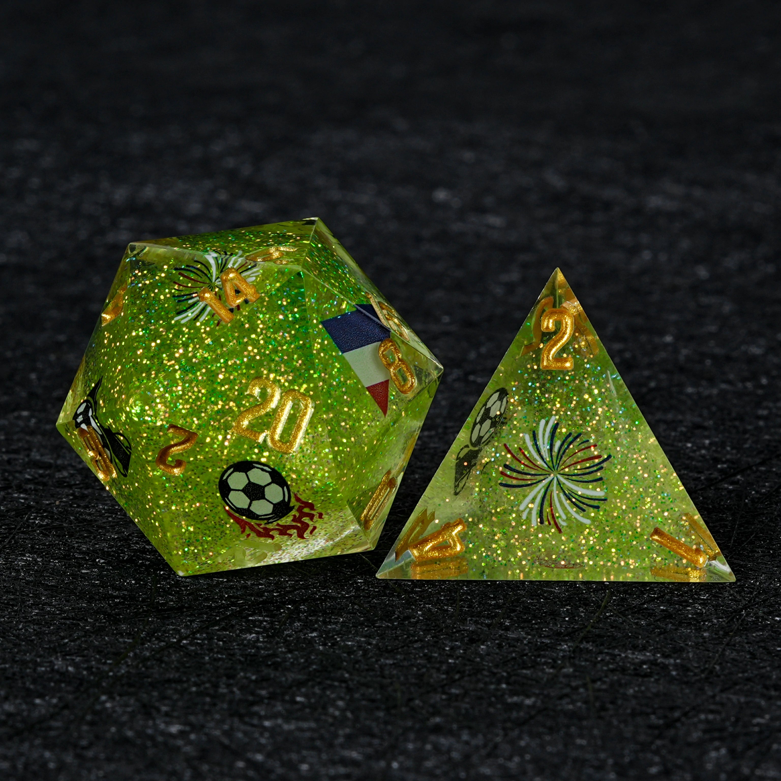 France Soccer DND Dice Set – World Cup Green Glitter Resin Dice for RPG