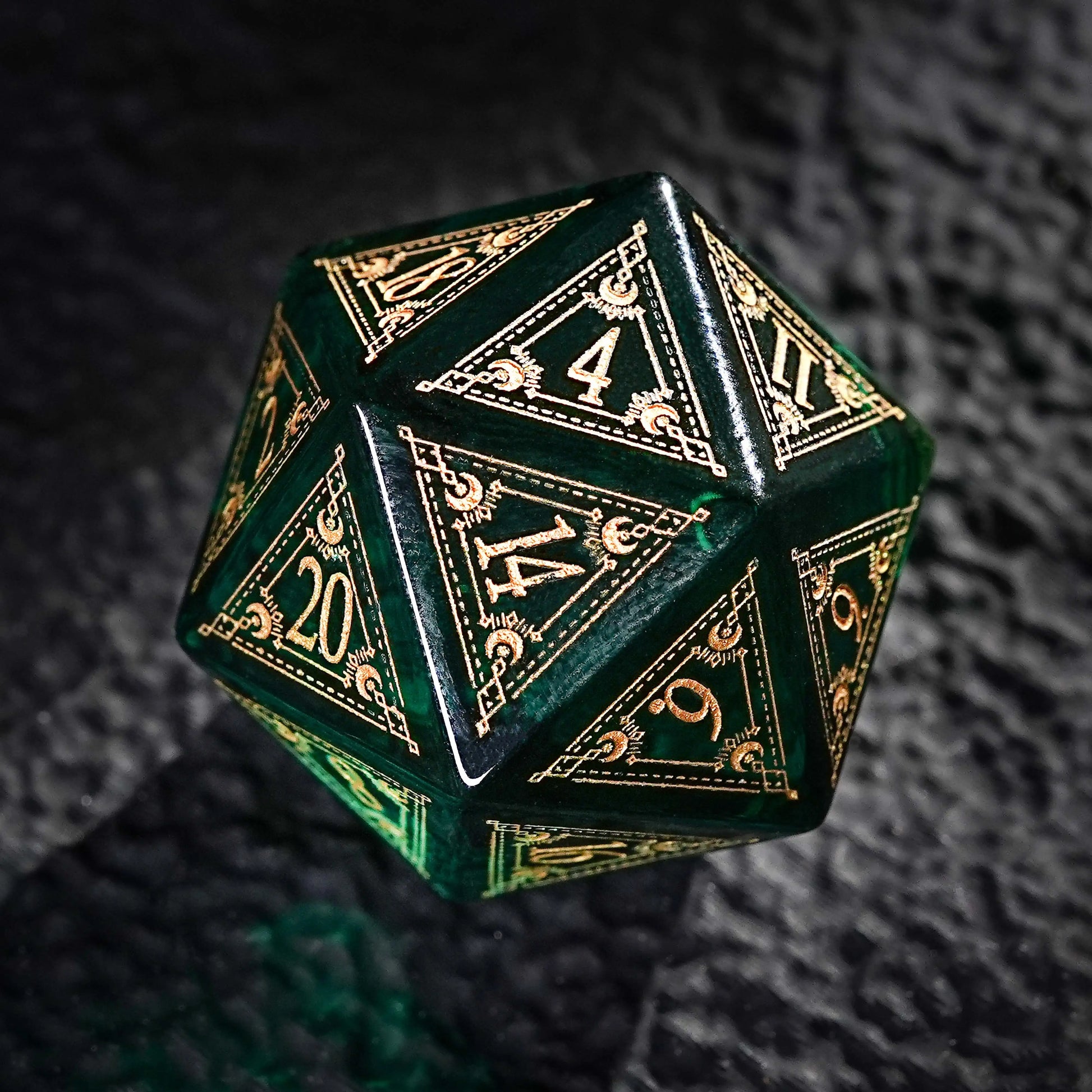 Mystic Emerald Arcane Gemstone DND D20 Dice + Gold Numbers | Bear Dice