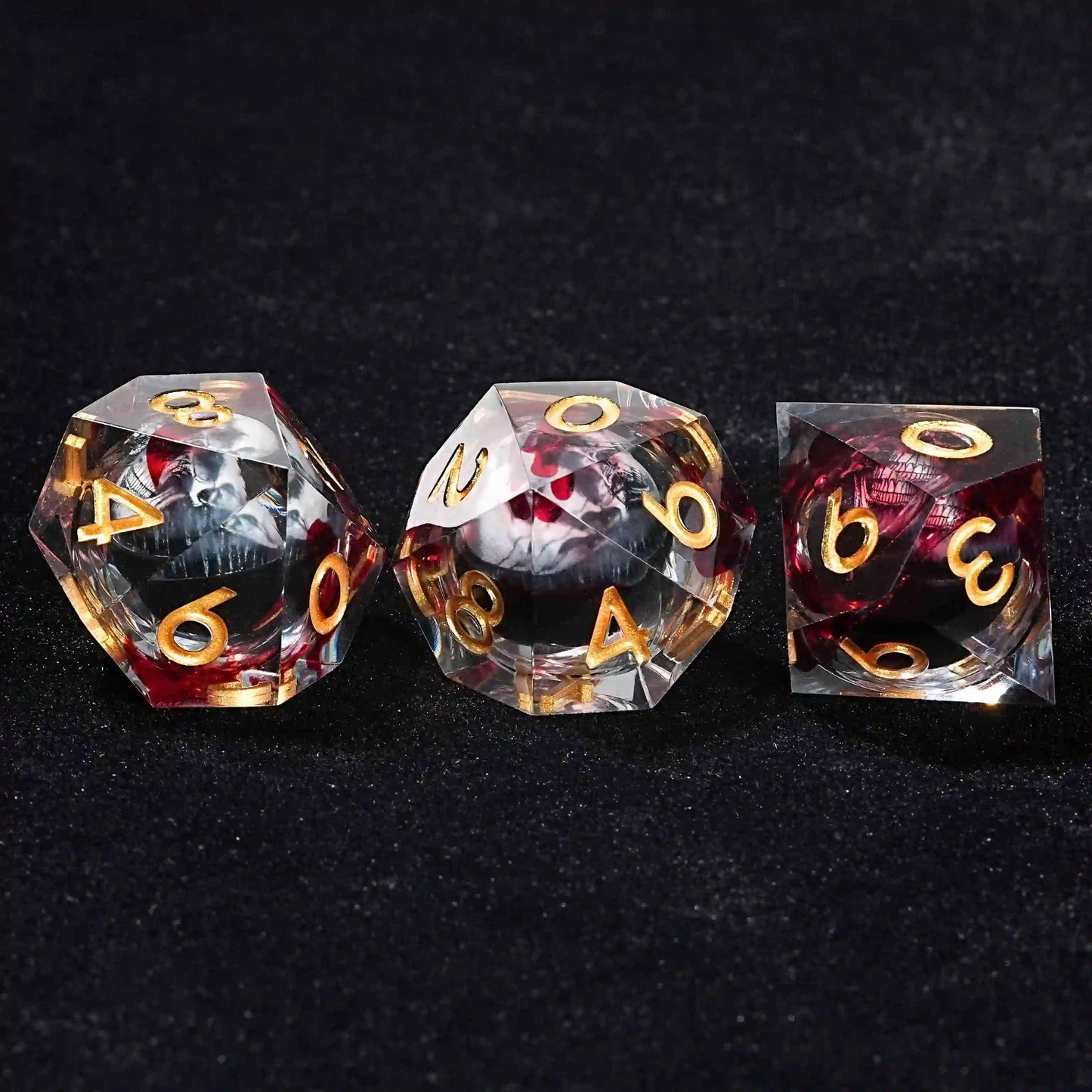 3 Liquid Cores Scary Blood-Red Skull D10 Resin Dice Gold Font | Bear Dice