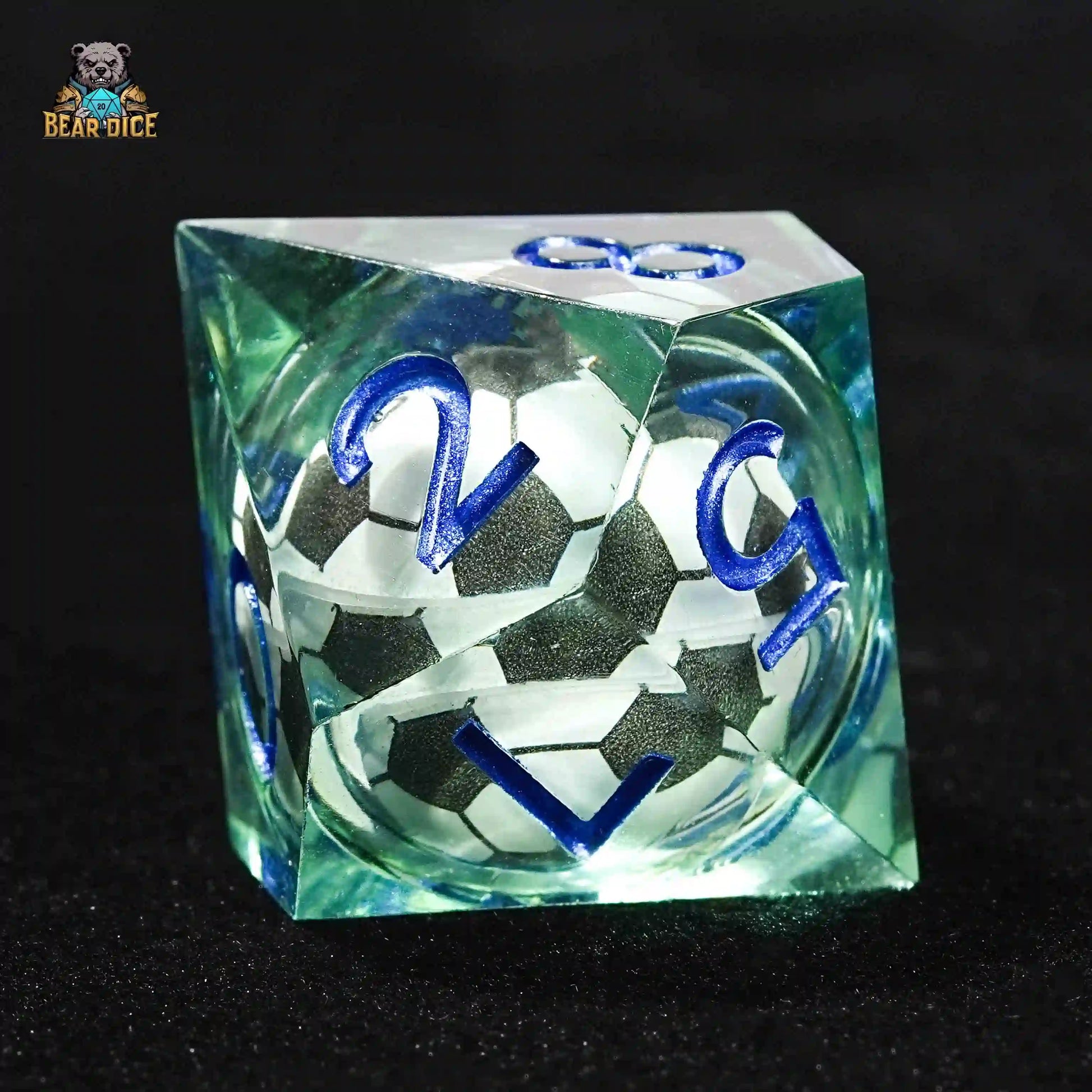 green transparent D10 resin dice: liquid core soccer ball design | Bear Dice