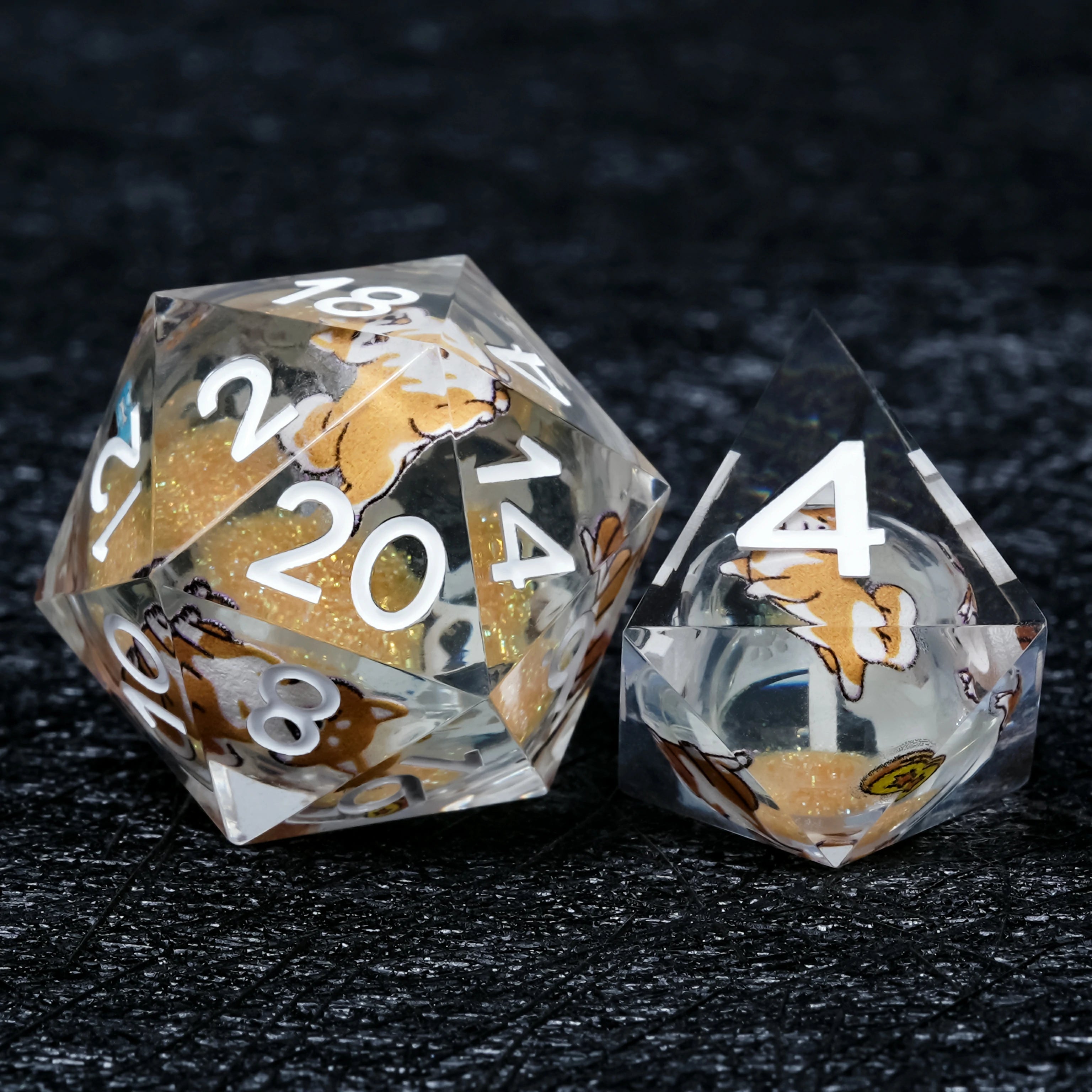 Shiba Inu Orange Liquid Core Resin Dice Set – 7-Piece DnD Polyhedral Dice with White Numbers