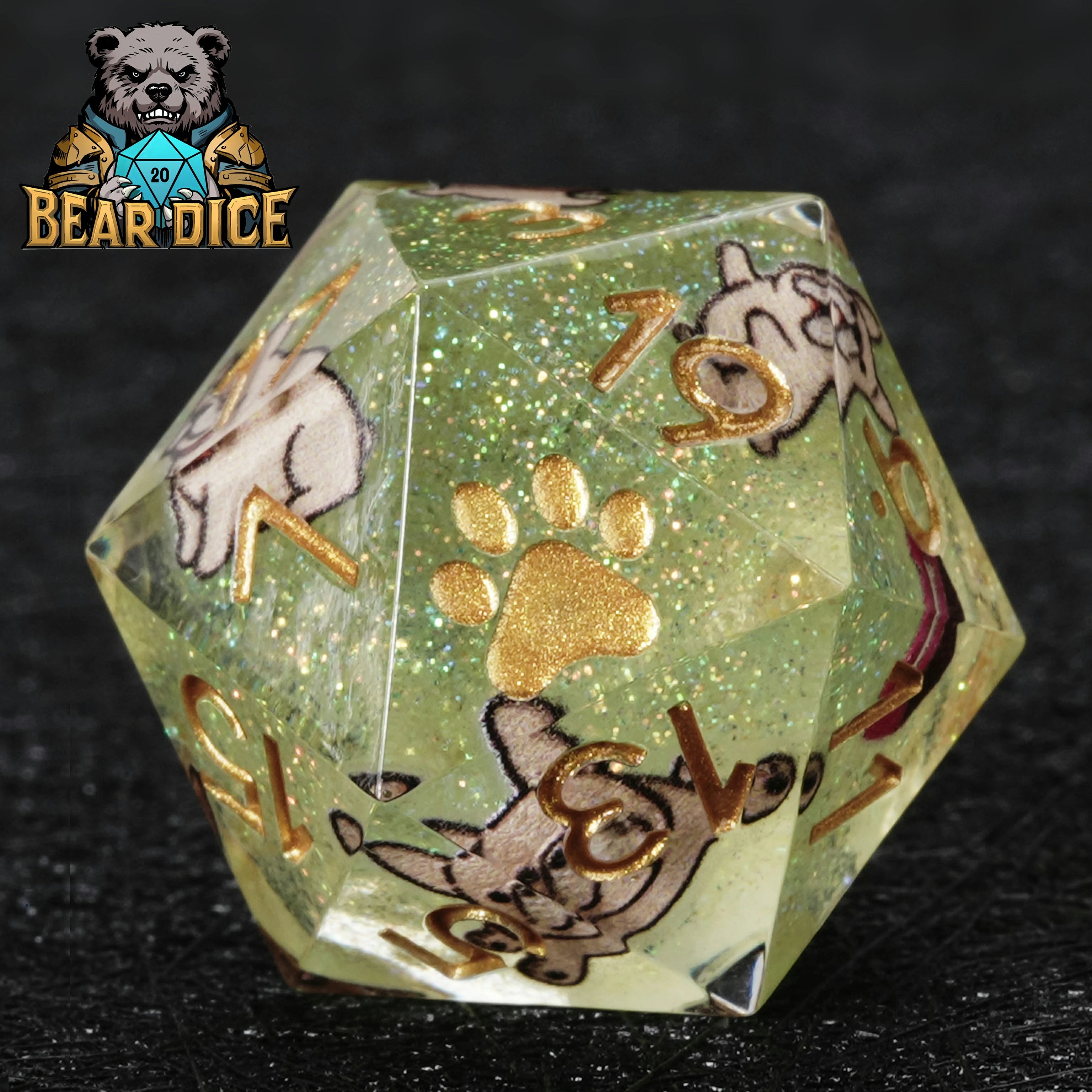 Bulldog Green Glitter Resin D&D D20 Dice | Single D20 for RPG