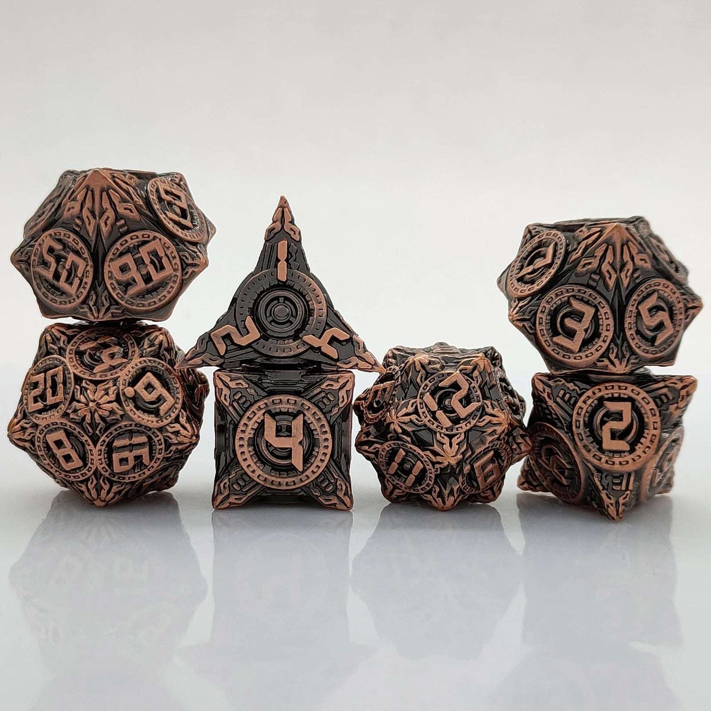 Antique Red Copper Solid Metal DND Dice Set Flying Saucer Elements | Bear Dice