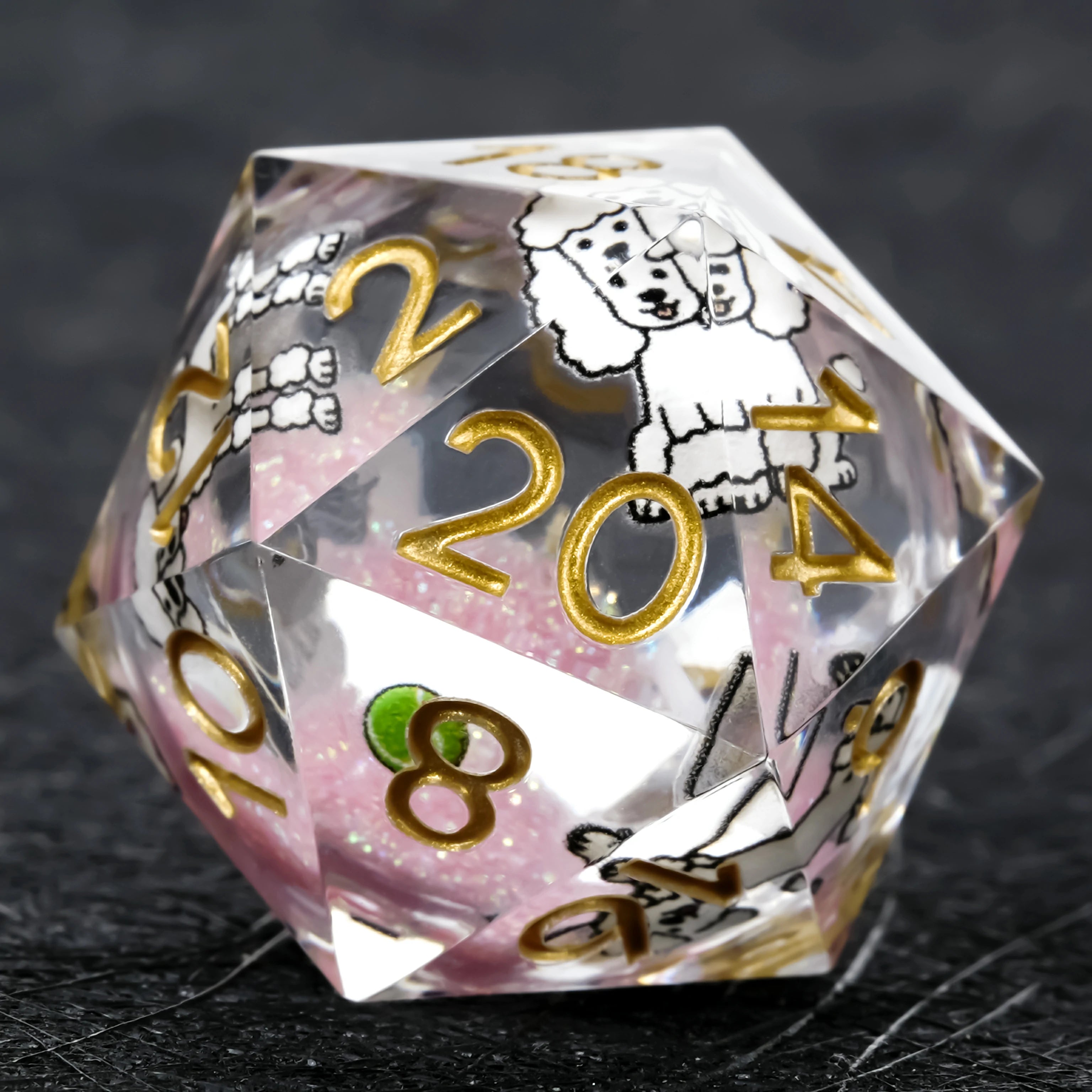 Poodle Pink Liquid-Core Dice Set + Gold Numbers