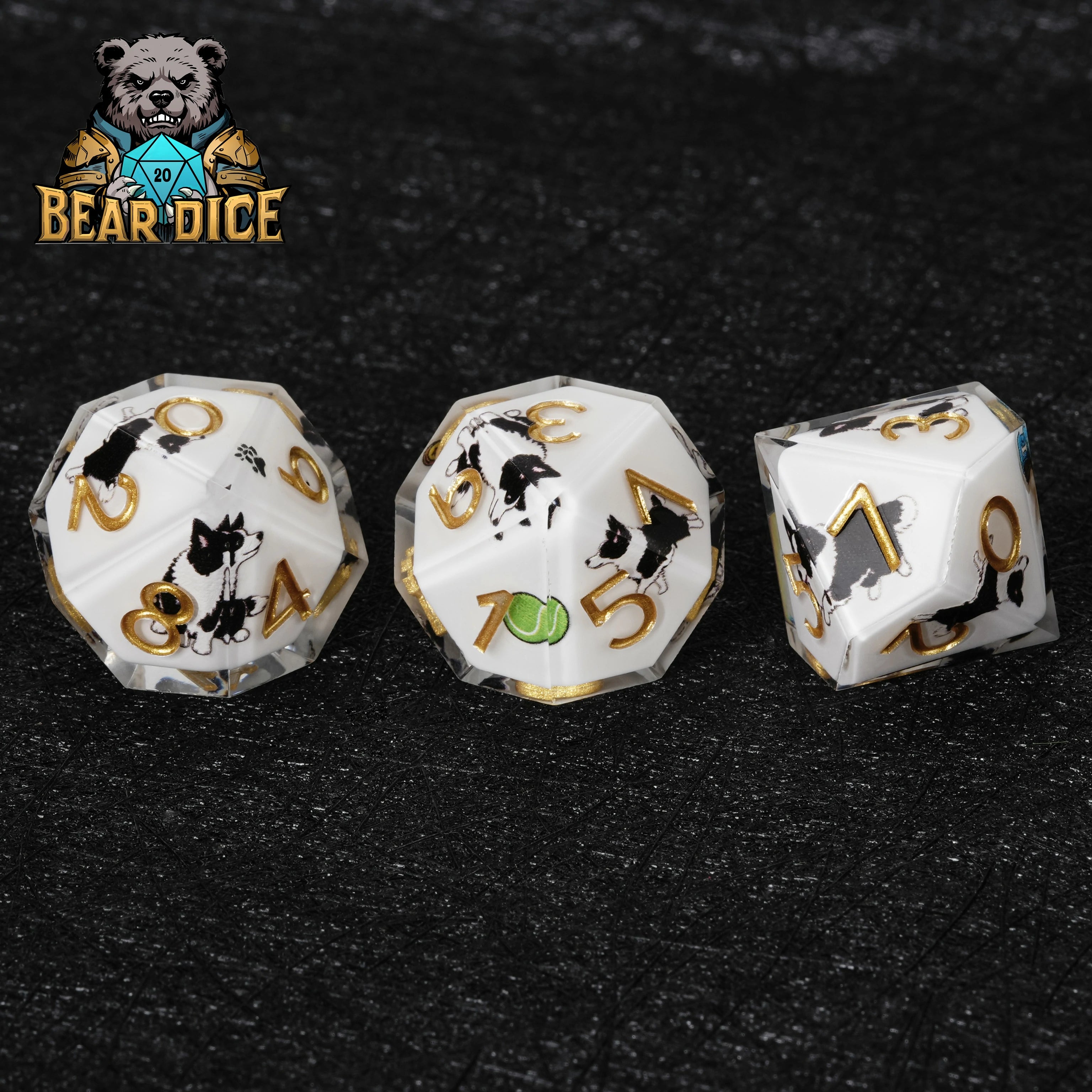 Border Collie White Resin D10 Dice for D&D & RPG Games – Handcrafted Glitter Die