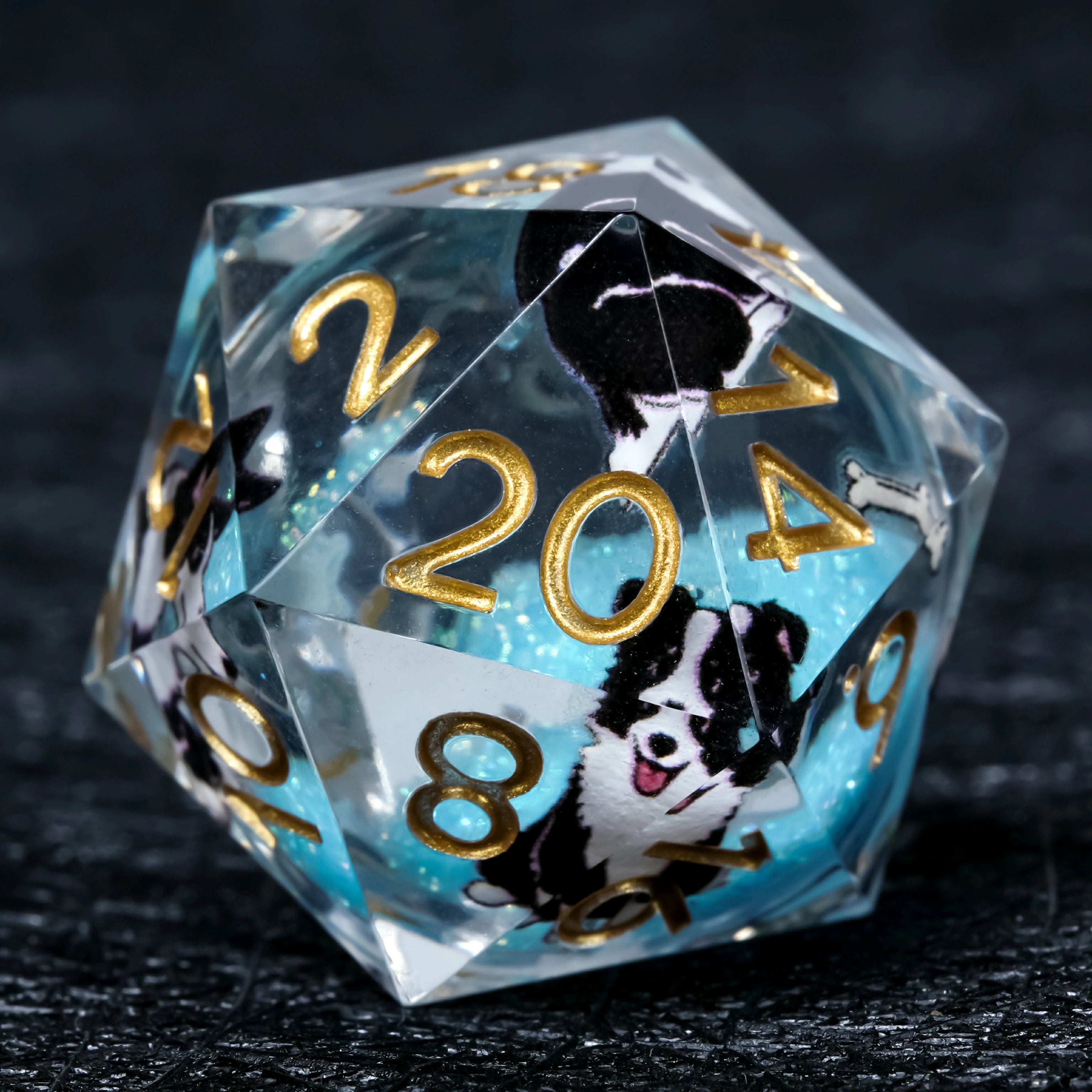 Border Collie White Liquid-Core Resin Dice Set | Gold Numbers | D&D RPG Dice
