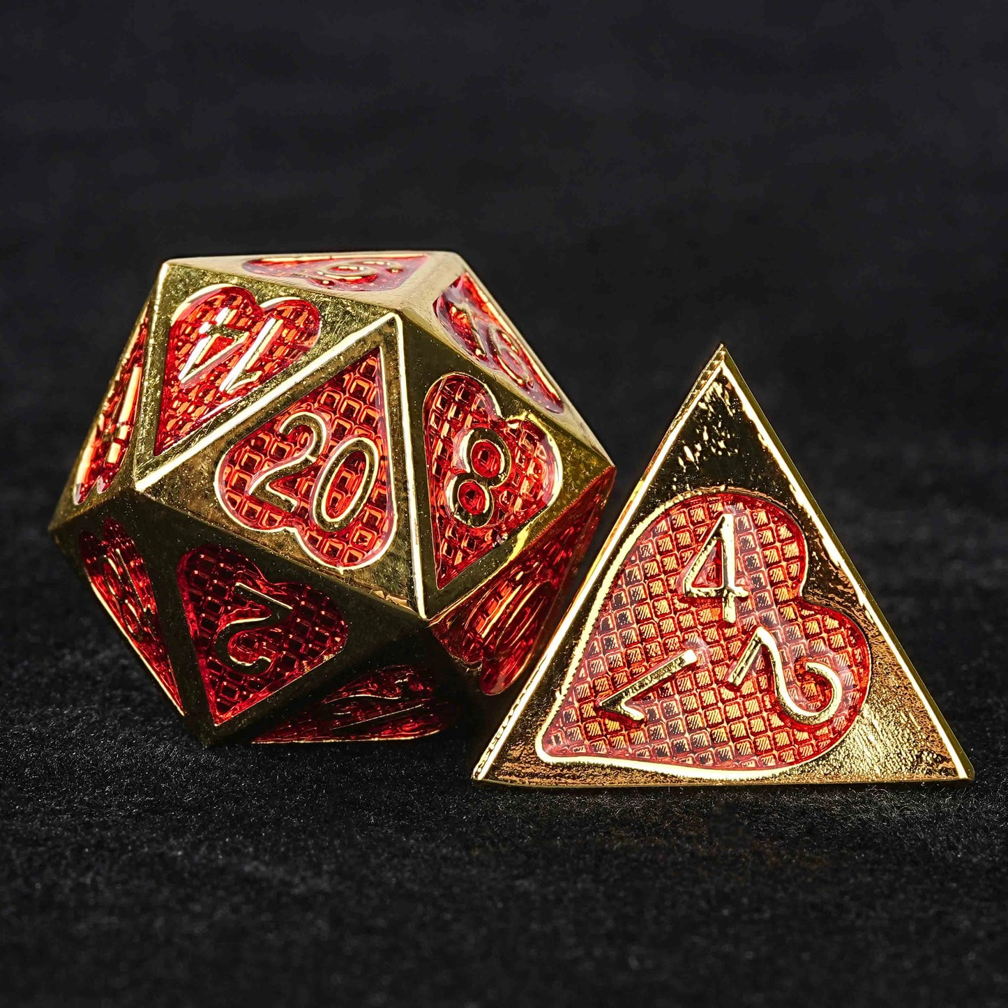 Red Metal Grid Heart Shape Valentine's Day DND Dice Set - D20 dice、d4 dice | Bear Dice