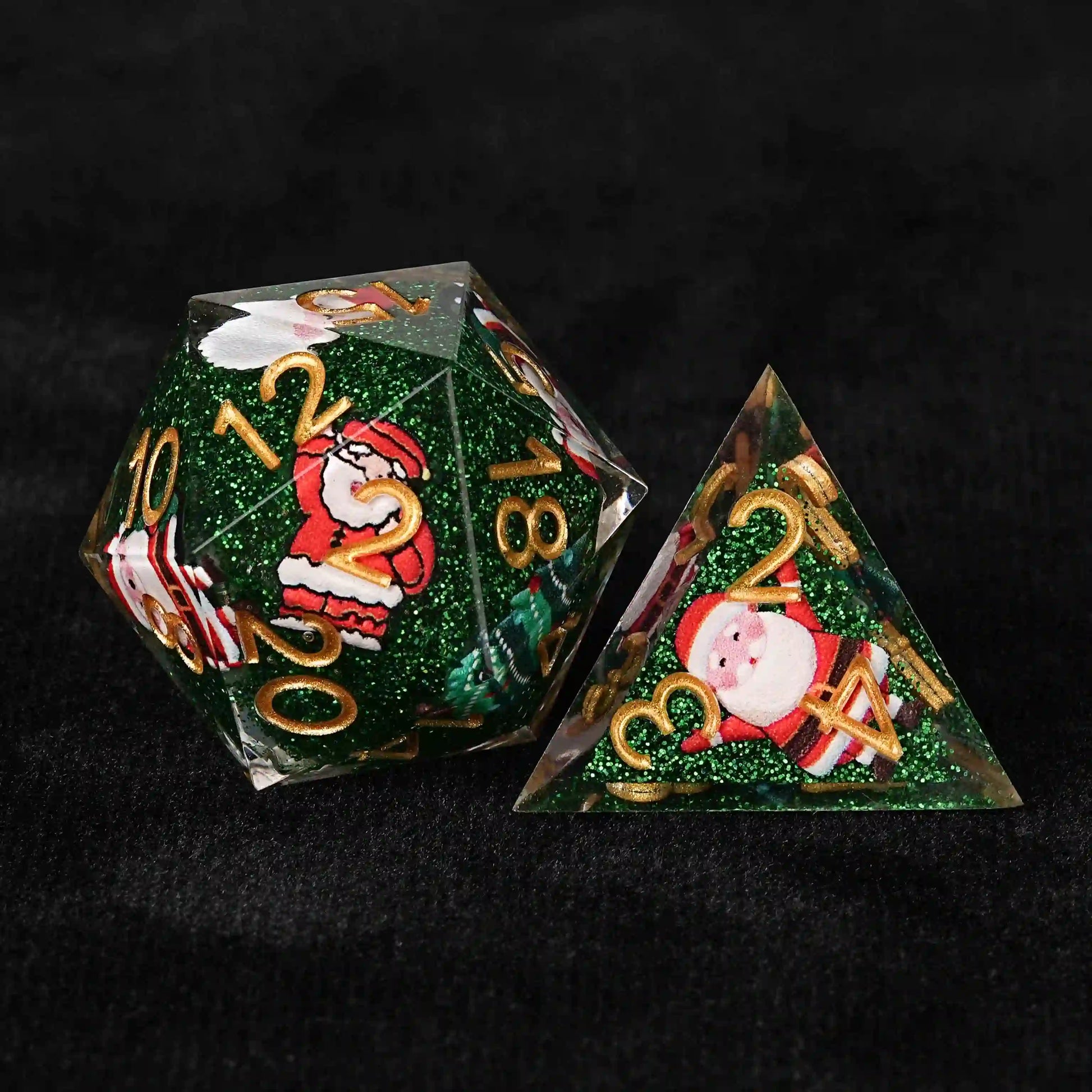 Christmas Spree: green resin dnd d20 dice + d4 dice +  gold numbers | Bear Dice