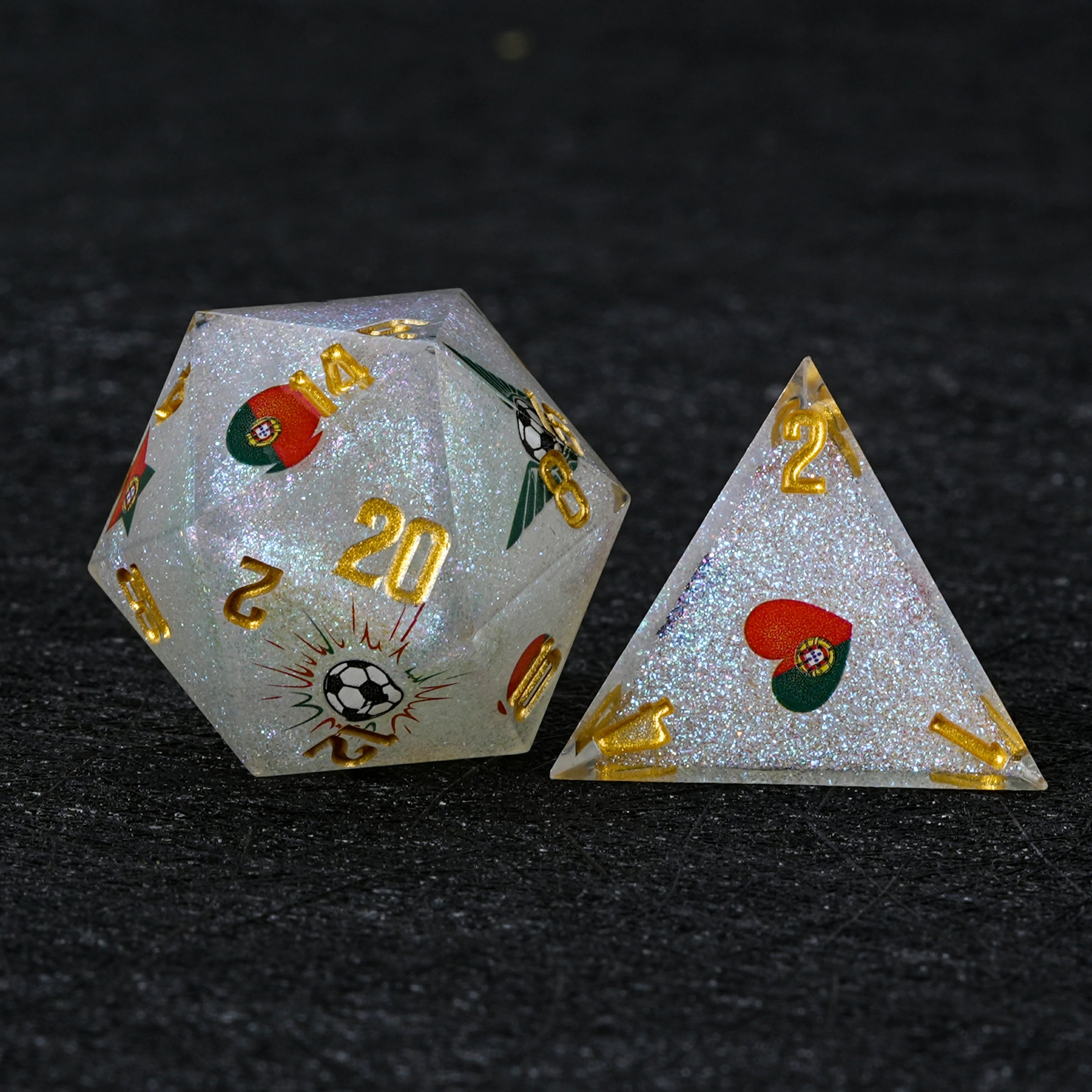Portugal Soccer Resin DND Dice Set | White Glitter World Cup Kickstarter Dice