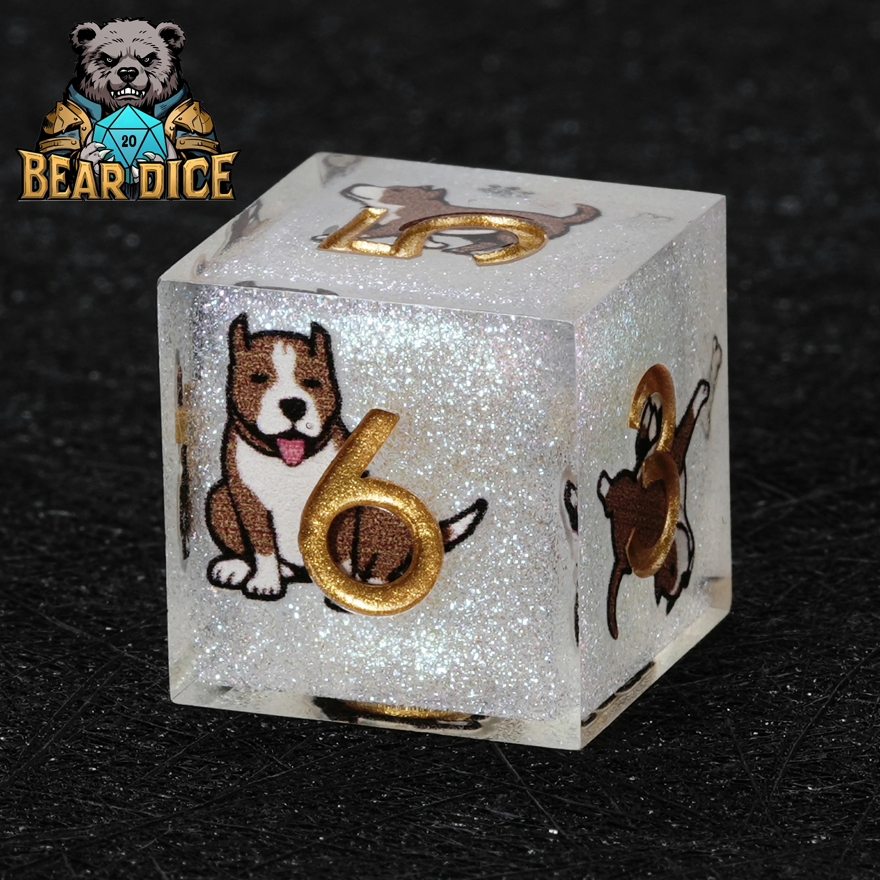 American Pit Bull White Glitter Resin D6 Dice – D&D RPG Gaming Dice