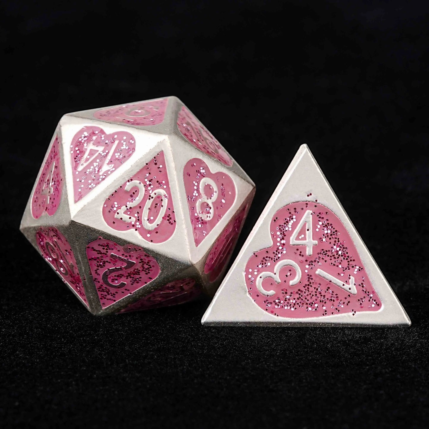 Pink Glitter Heart Love Metallic DND Dice Set - love D20 dice and D4 dice| Bear Dice