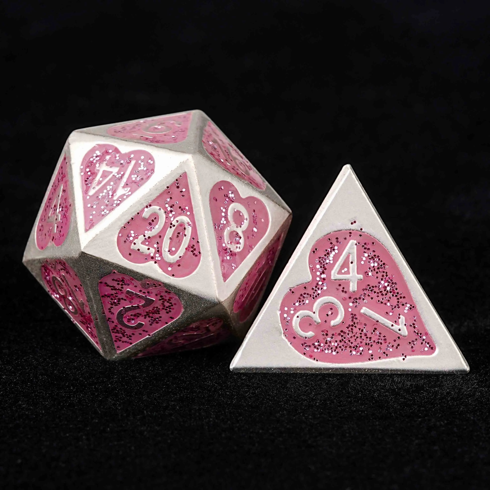 Pink Glitter Heart Love Metallic DND Dice Set - love D20 dice and D4 dice| Bear Dice