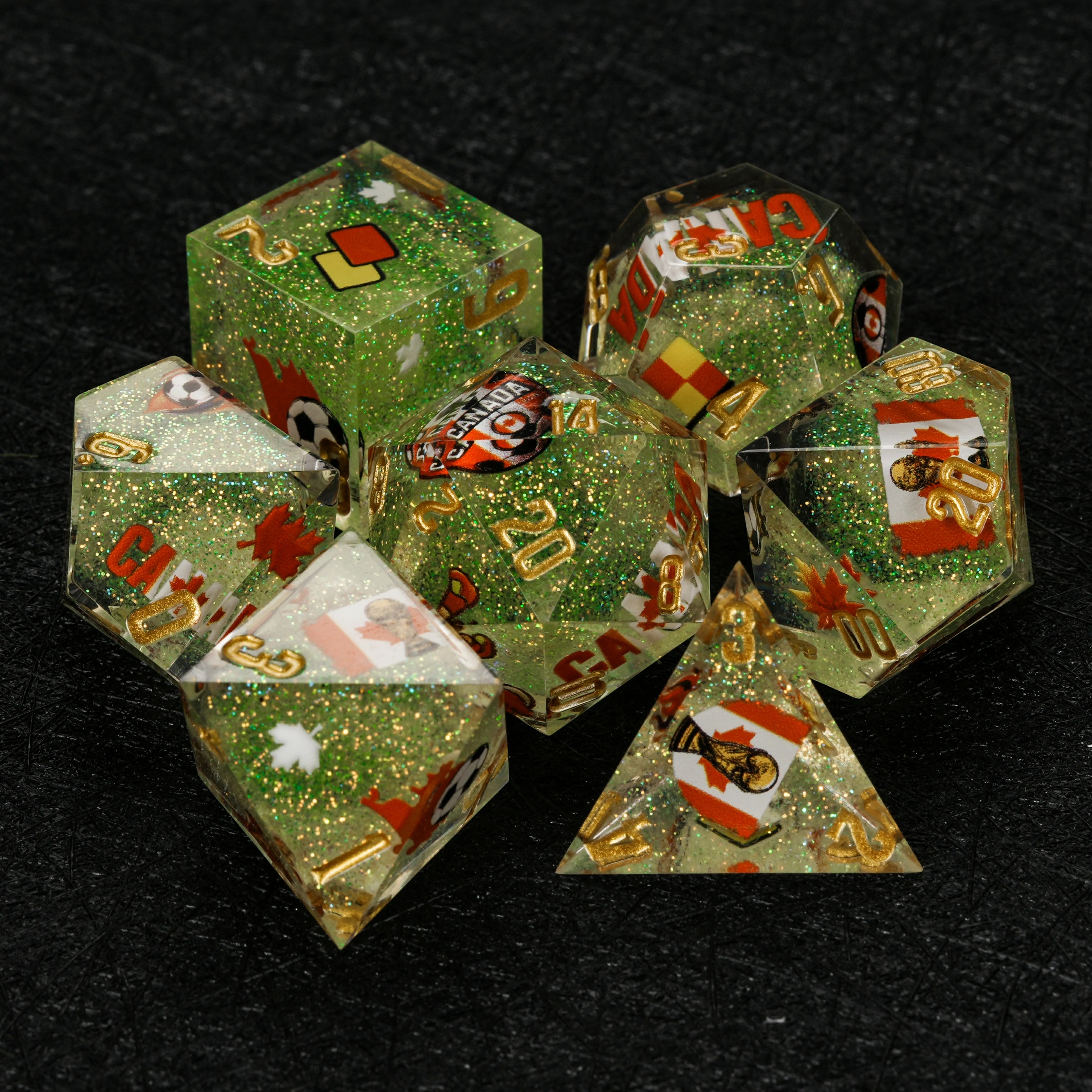 Canada Soccer DND Dice Set – World Cup Green Glitter Resin Dice for RPG