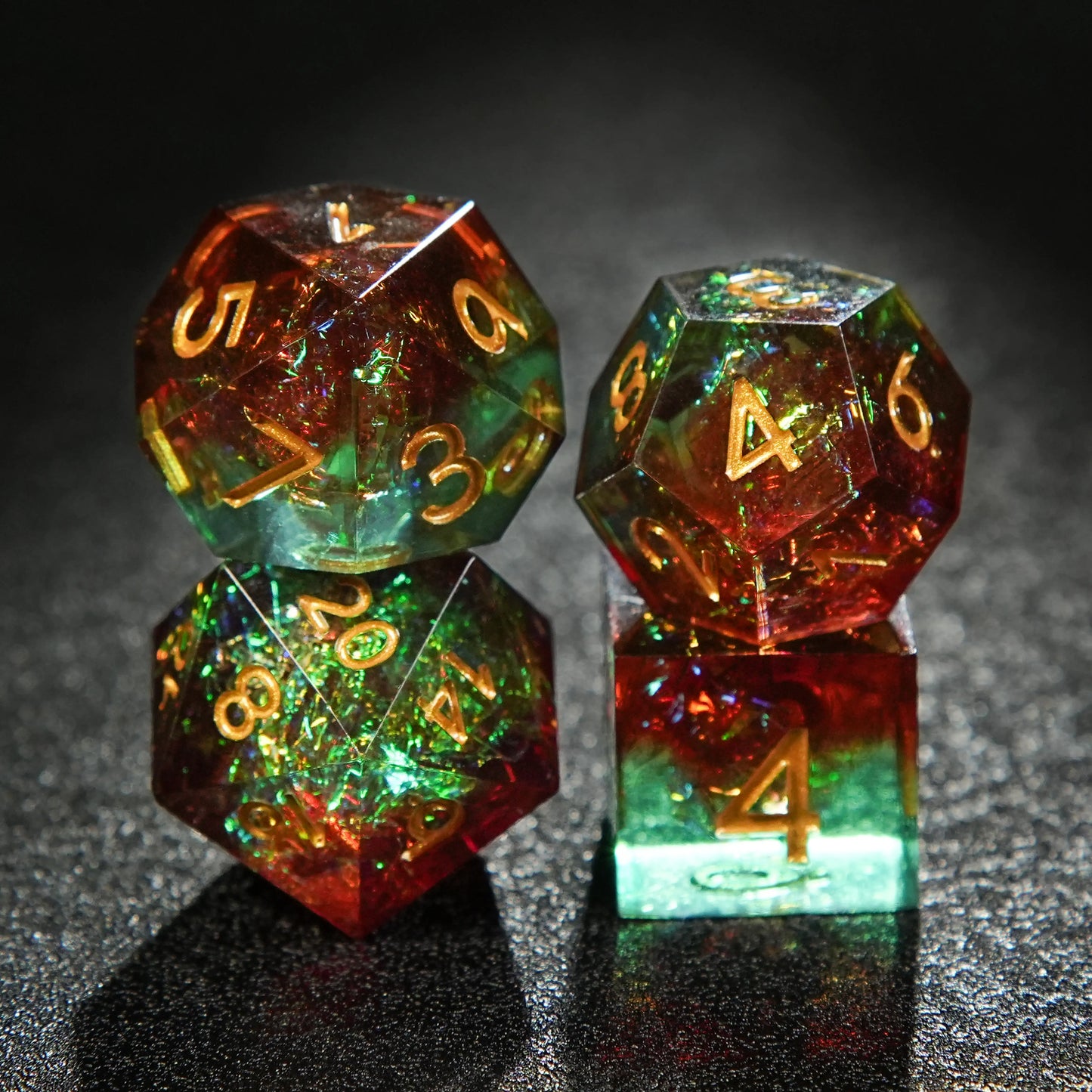 Brown Green Resin DND Dice Set (D20、D12、D10、D6)+ Gold Font | Bear Dice