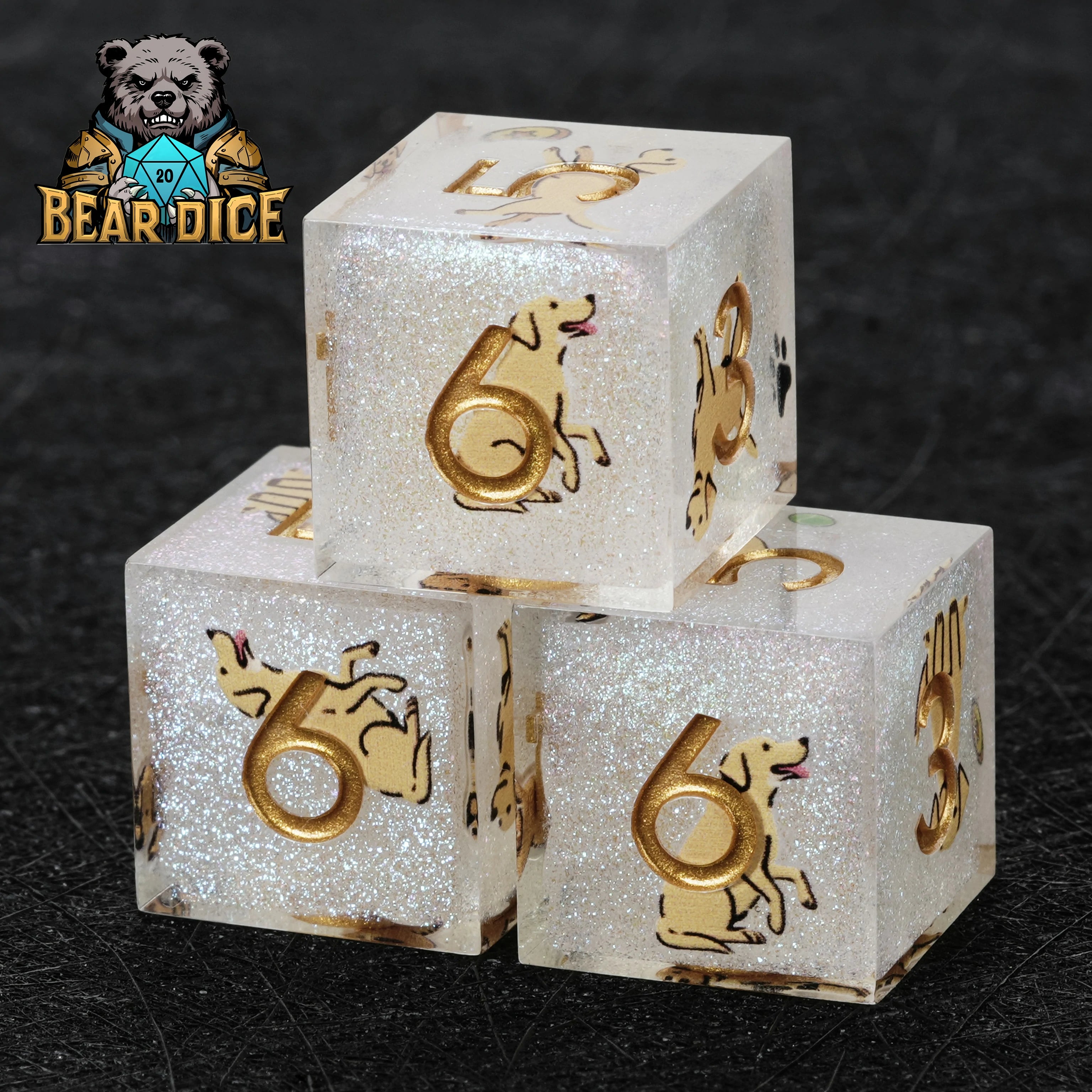 Labrador White Glitter Resin DND D6 Dice | Dog Dice for D&D RPG
