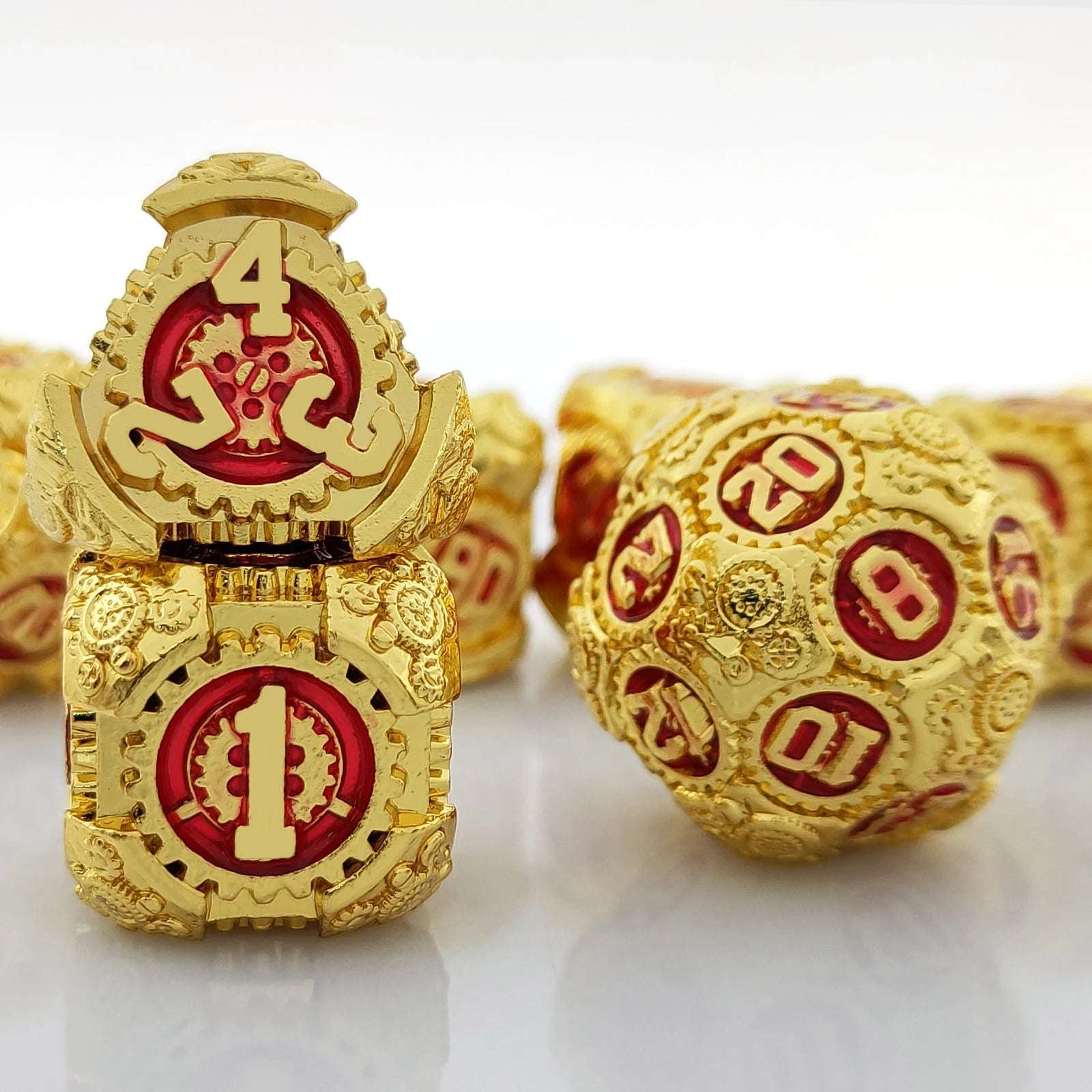 Age of Steam - Gold Gear Metal Dice Set Faux Gold Red -D4 dice、D6 dice、D20 dice | Bear Dice