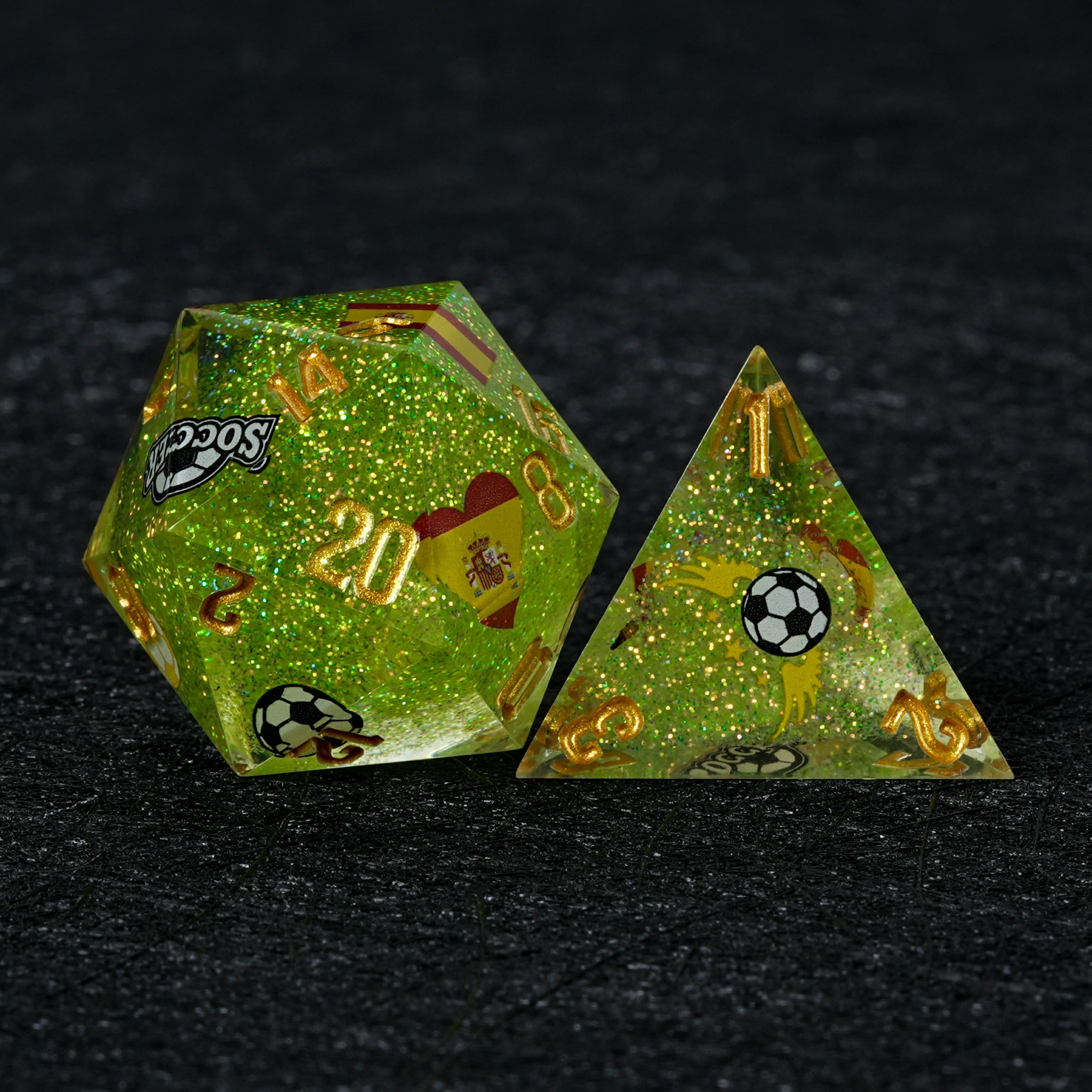 Spain Soccer Resin DND Dice Set – World Cup Green Glitter D&D Dice