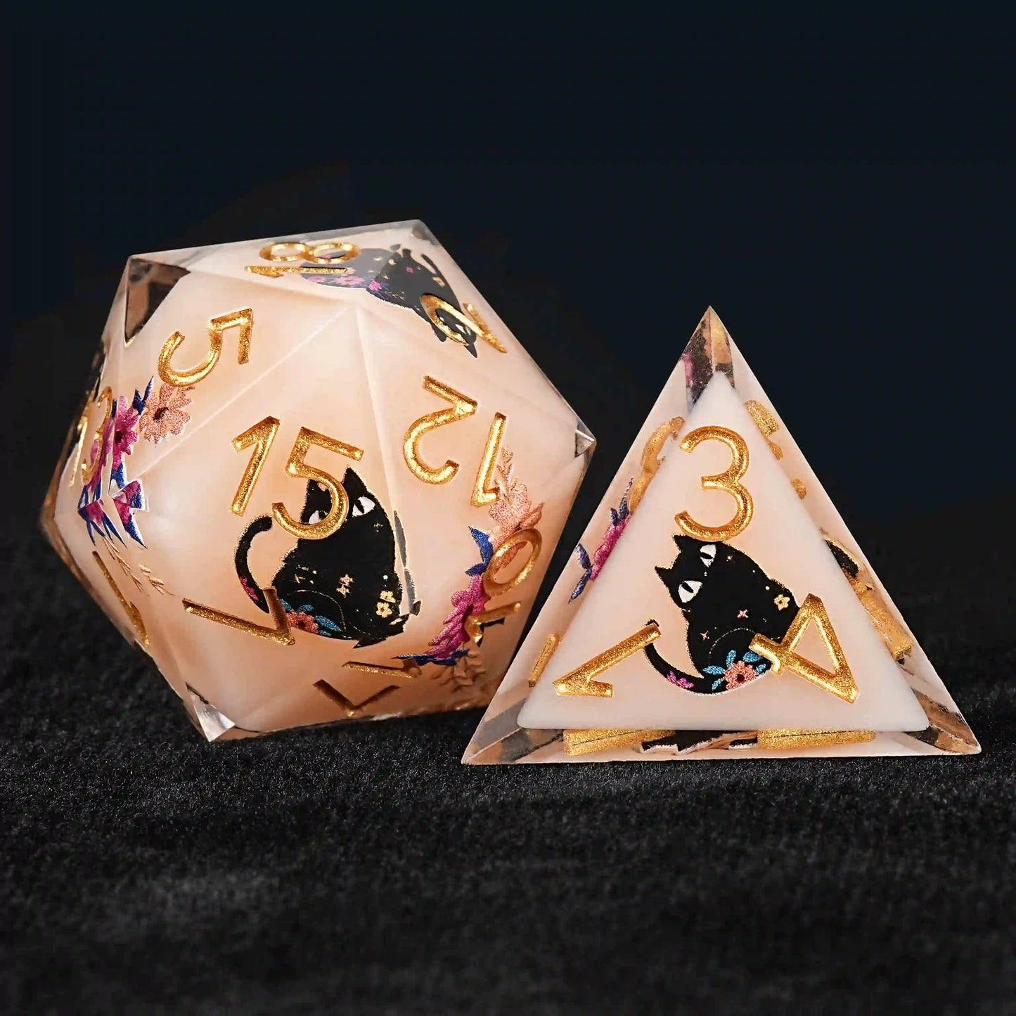 Handcrafted Unique Dice Set: Egyptian Pharaoh's Black Cat Flower Resin Sharp Edged Orange dnd d20 Dice + d4 dice + Gold Font | Bear Dice