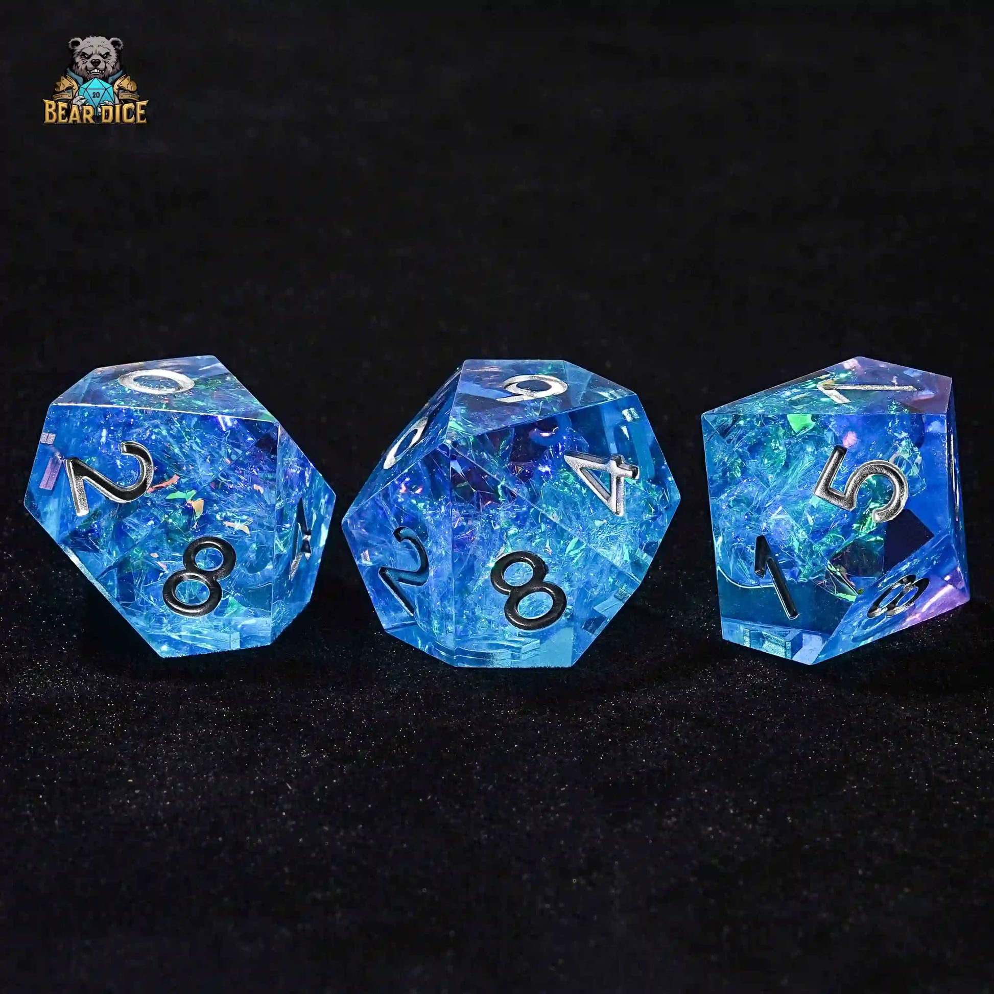 Blue Essence 3D10 Resin Solid Dice - Silver Font | Bear Dice